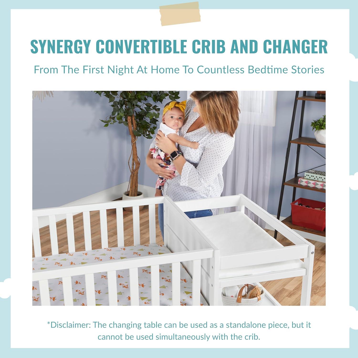 Dream On Me Synergy Convertible Baby Crib and Changer in White with Detachable Changing Table