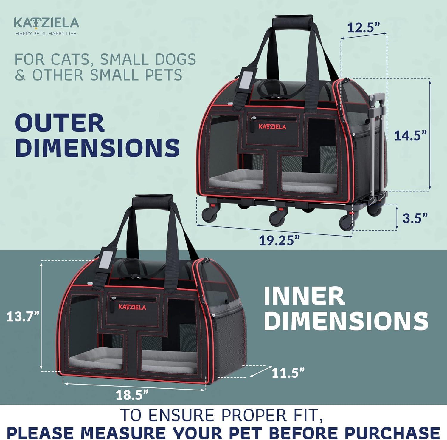 Katziela Luxury Lorry Pet Carrier Removable Wheels and Double Telescopic Handle (Black and Red) Pack 1