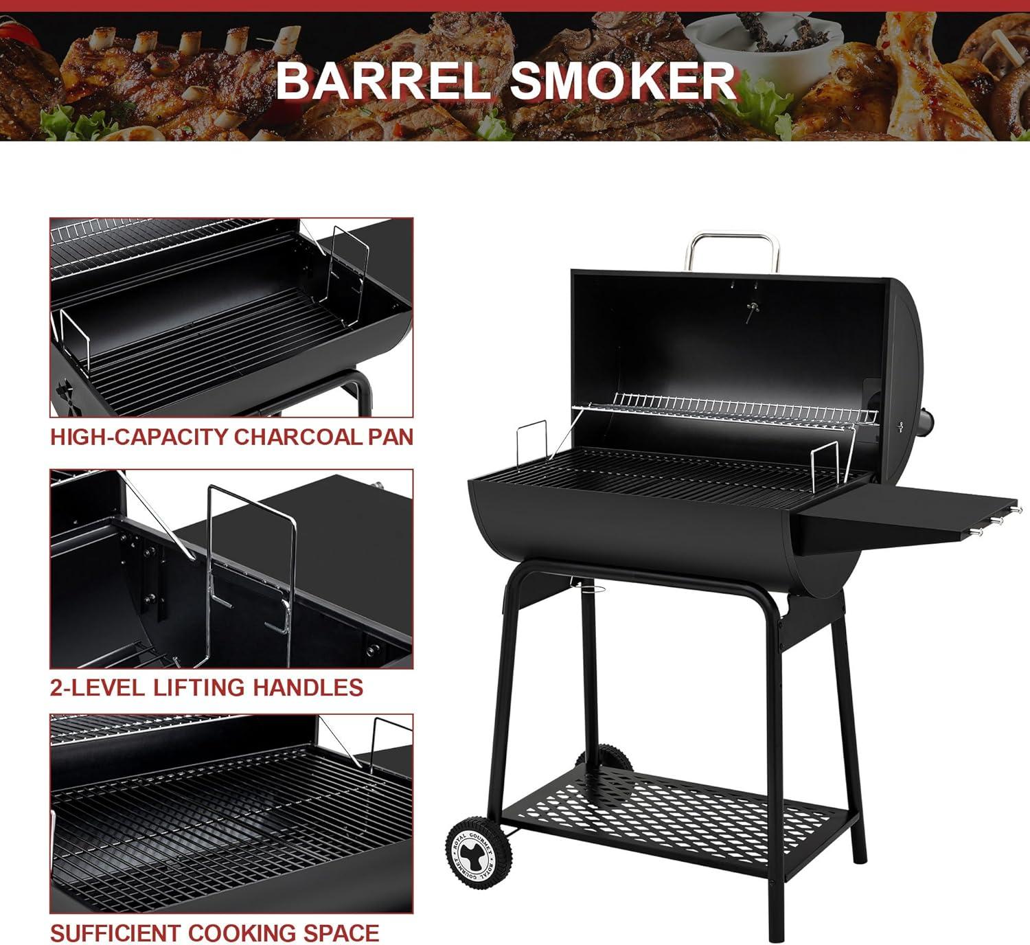 Royal Gourmet 30" Barrel Charcoal Grill with Side Shelf