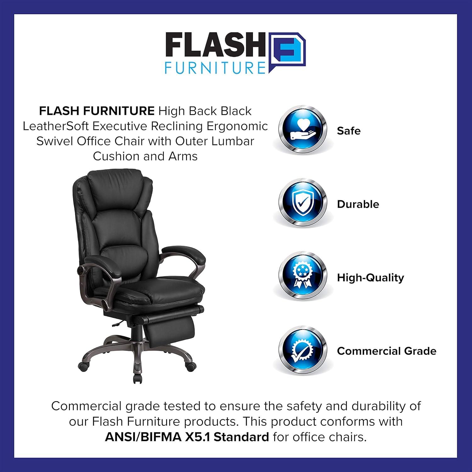 Flash Furniture High Back Black LeatherSoft Executive Reclining Ergonomic Swivel Office Chair with Outer Lumbar Cushion and Arms