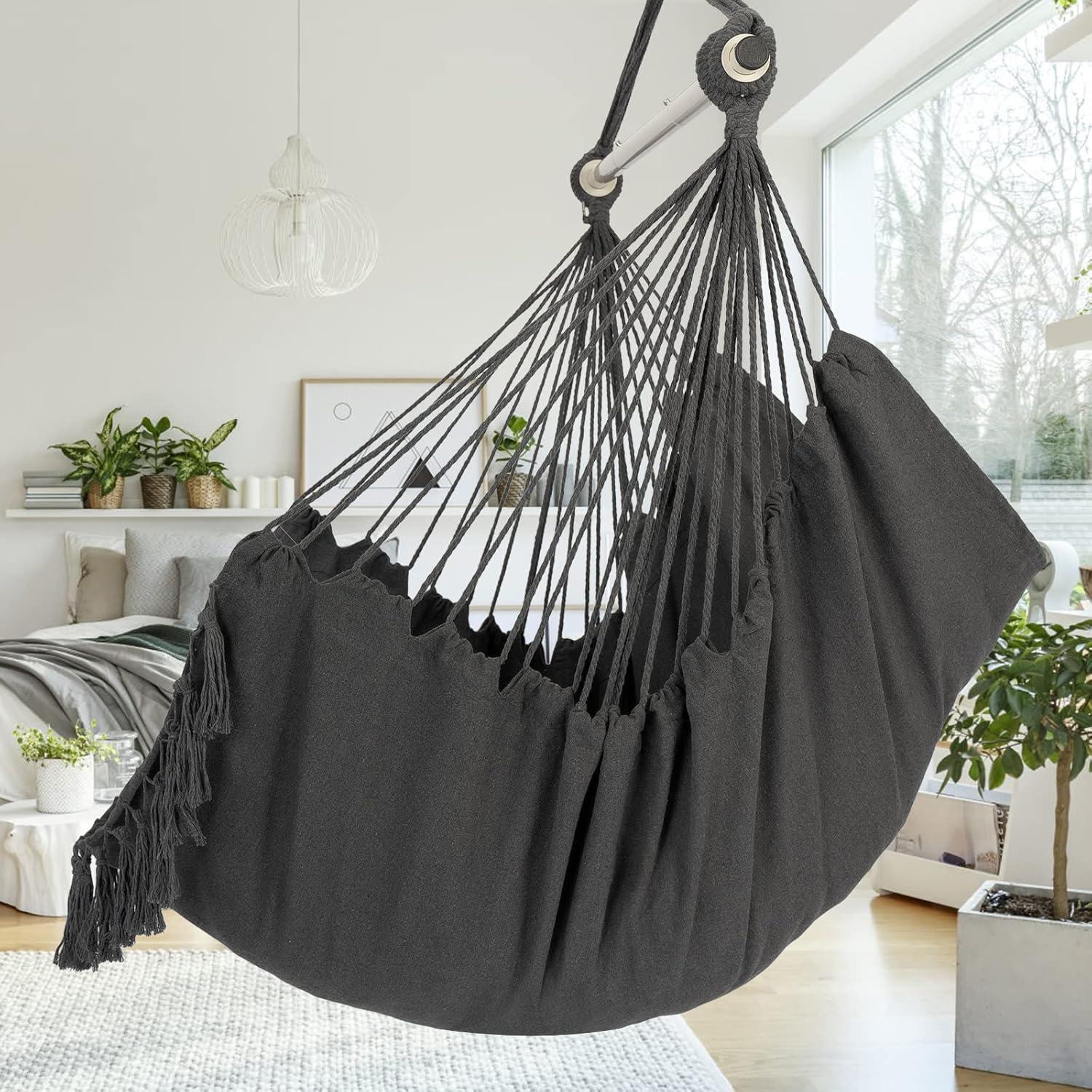 Dark Gray Cotton Macrame Hanging Hammock Chair with Cushions