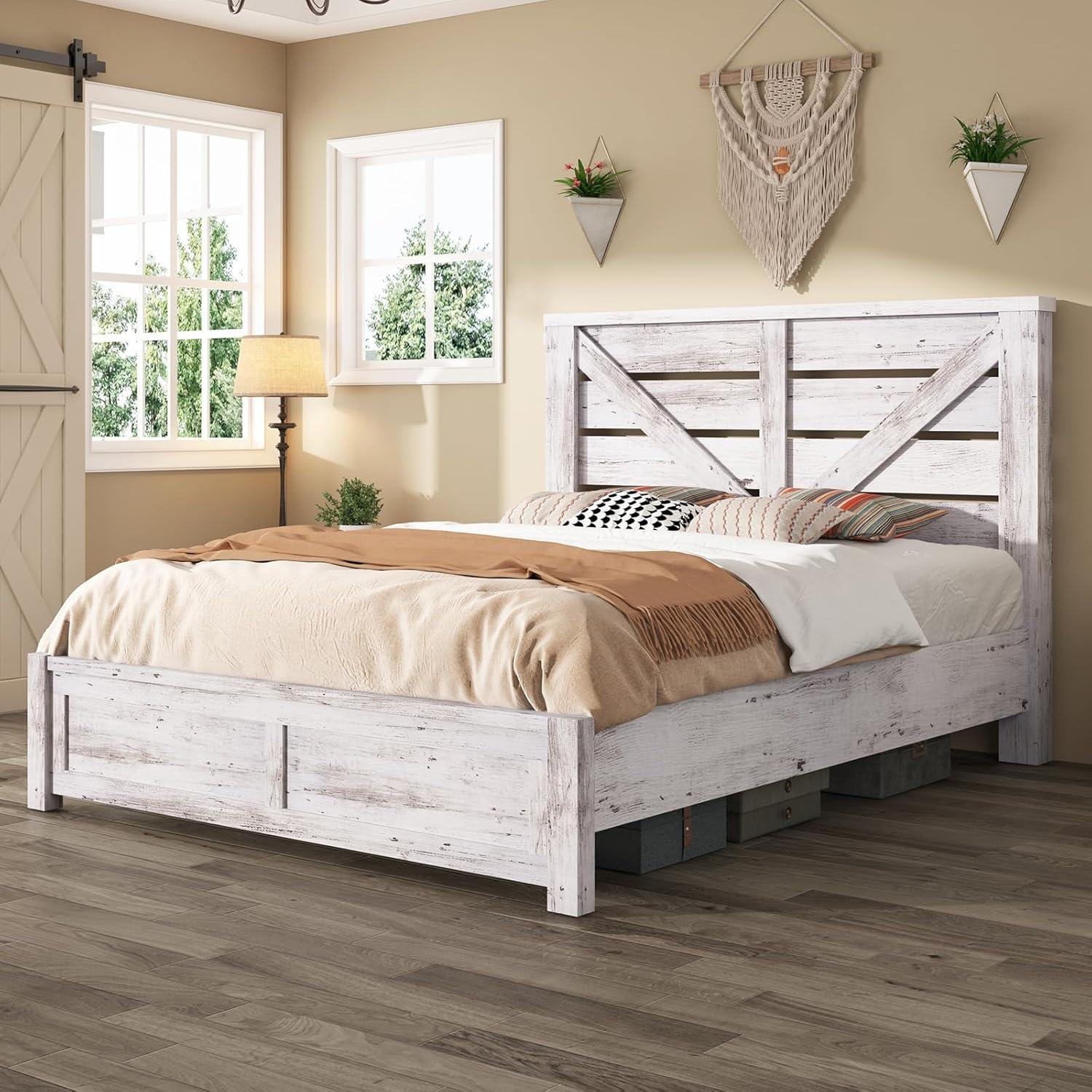 Distressed White Queen Size Wooden Farmhouse Bed Frame with Barn Door Headboard