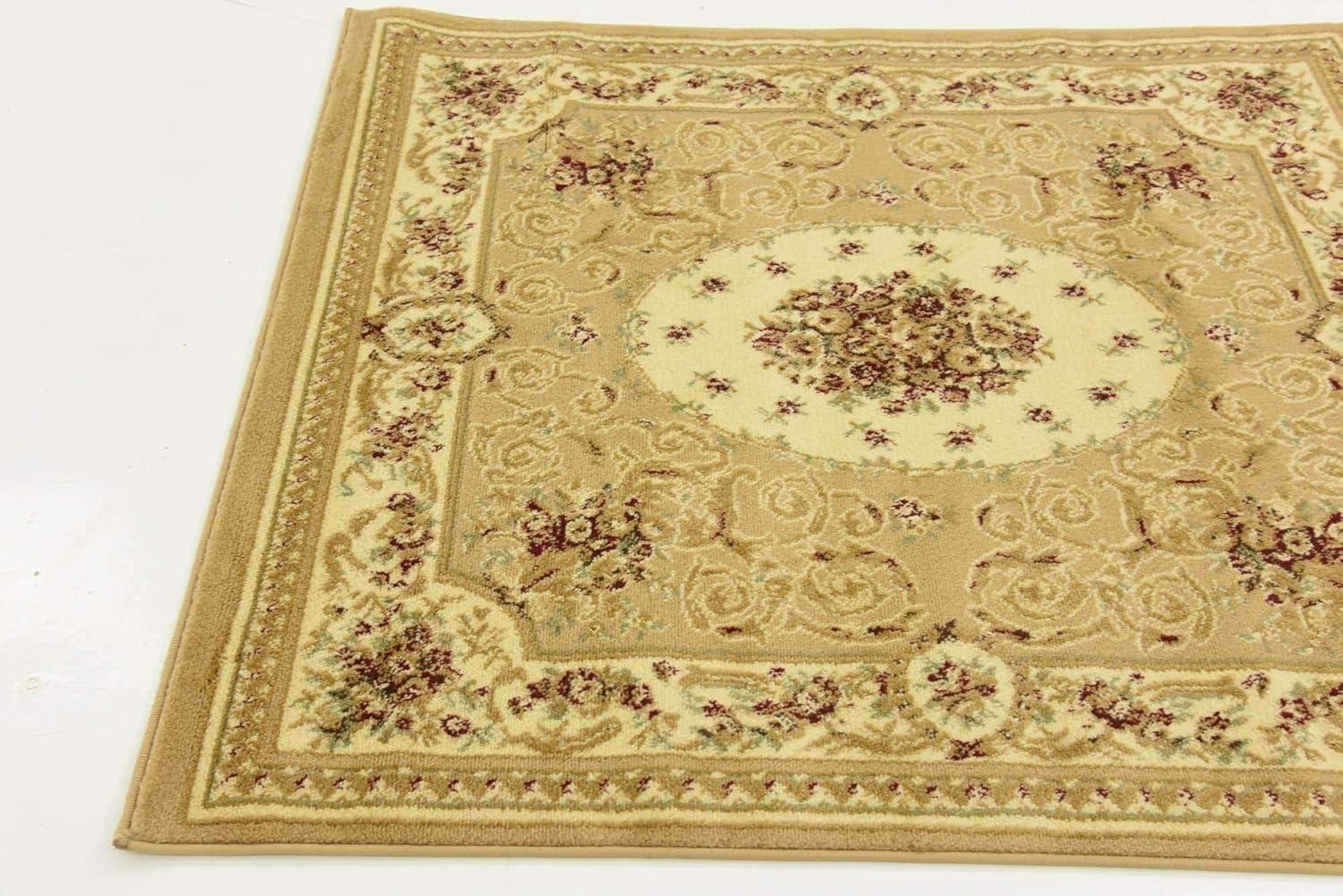 Tan and Cream Floral Square Stain-Resistant Rug