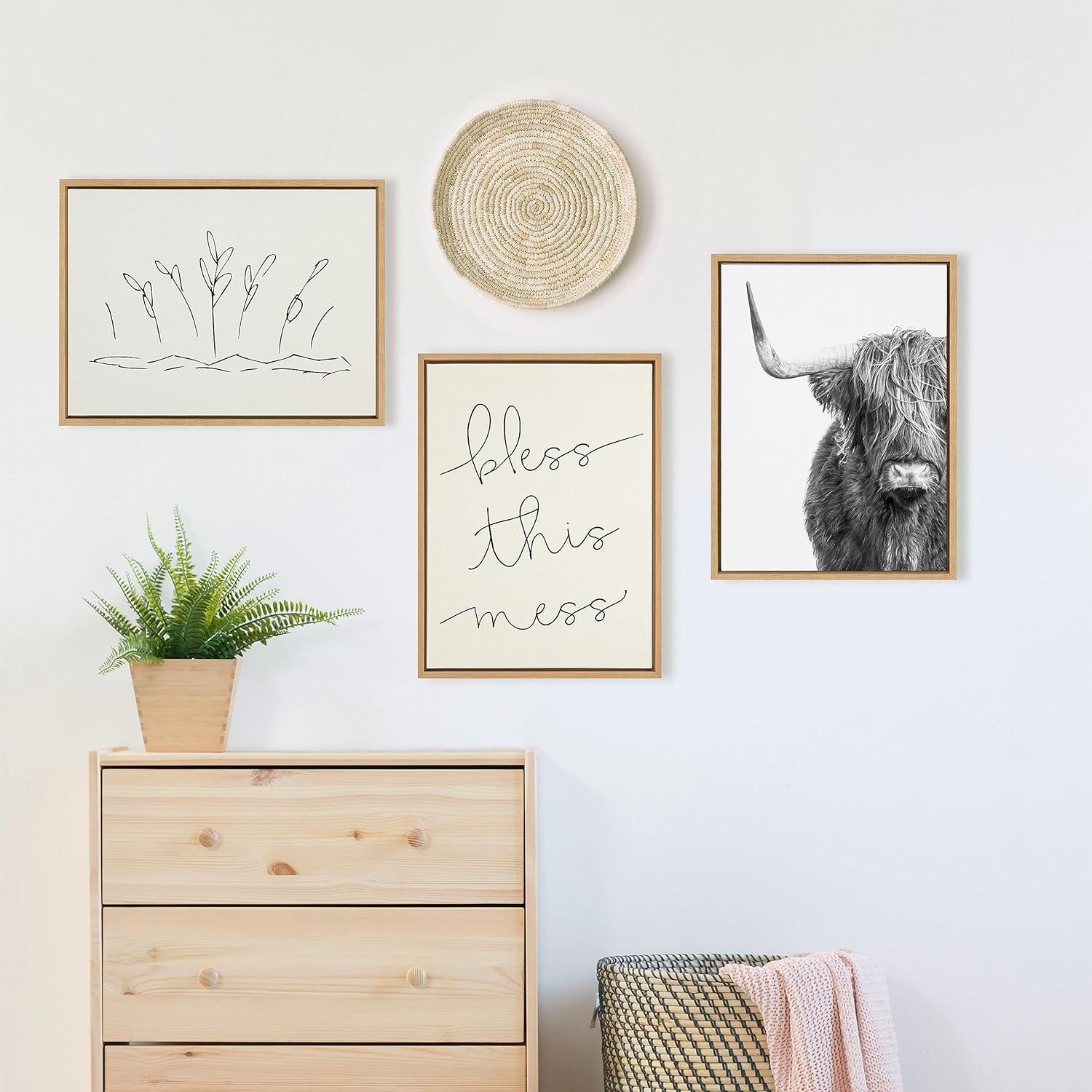 Black and White Highland Cow Canvas Print with Natural Wood Frame