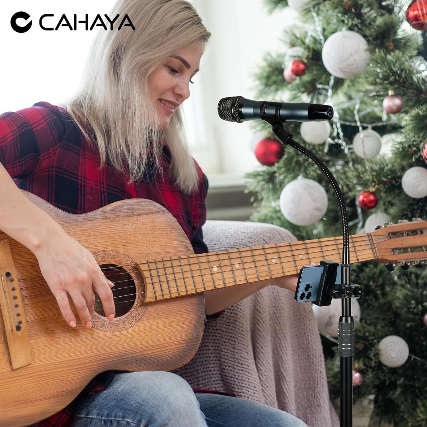 CAHAYA Dual-use Tripod Microphone Stand with Phone Holder Gooseneck Floor Mic Stand Portable with Carrying Bag and 2 Mic Clips for Singing Performance Wedding Stage Meeting Live CY0312