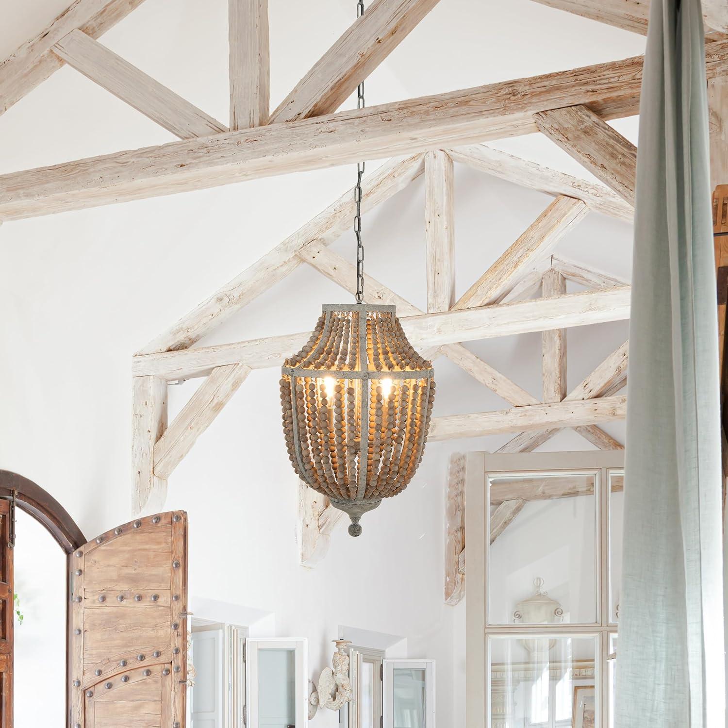 Distressed White Wood Bead & Metal Chandelier for Coastal Charm