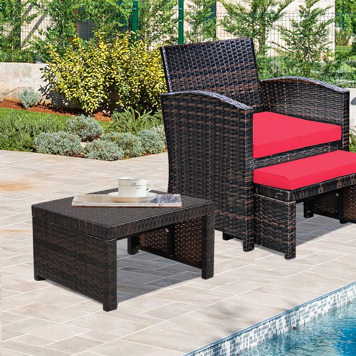 HAPPYGRILL 2 Piece Outdoor Wicker Ottomans, Patio Rattan Footstool with Cushions, Solid Steel Frame, Multifunctional Ottomans for Poolside Backyard Balcony