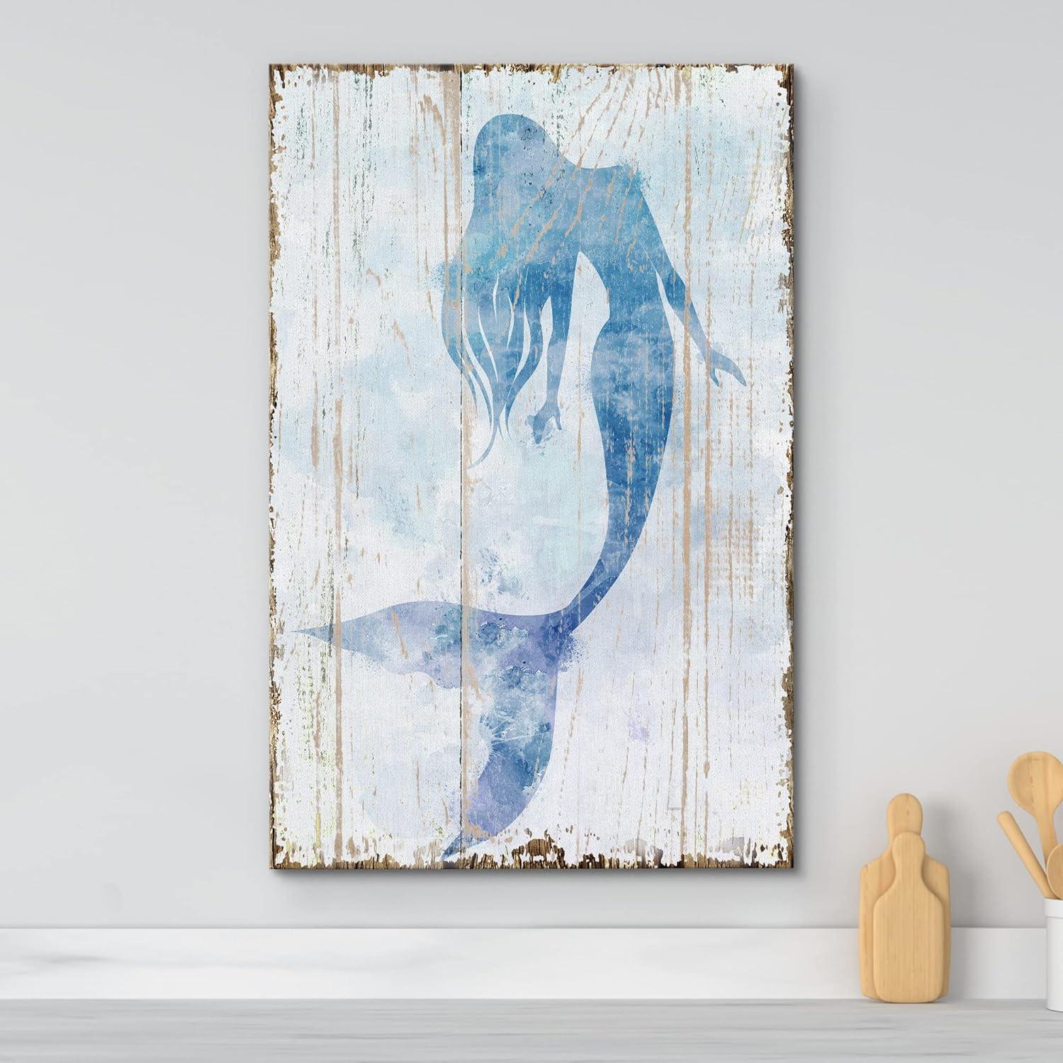 wall26 Canvas Print Wall Art Mermaid Swimming on Watercolor Wood Panels Fantasy & Sci-Fi Ocean Illustrations Modern Art Rustic Scenic Relax/Calm Multicolor for Living Room, Bedroom, Office - 16&q