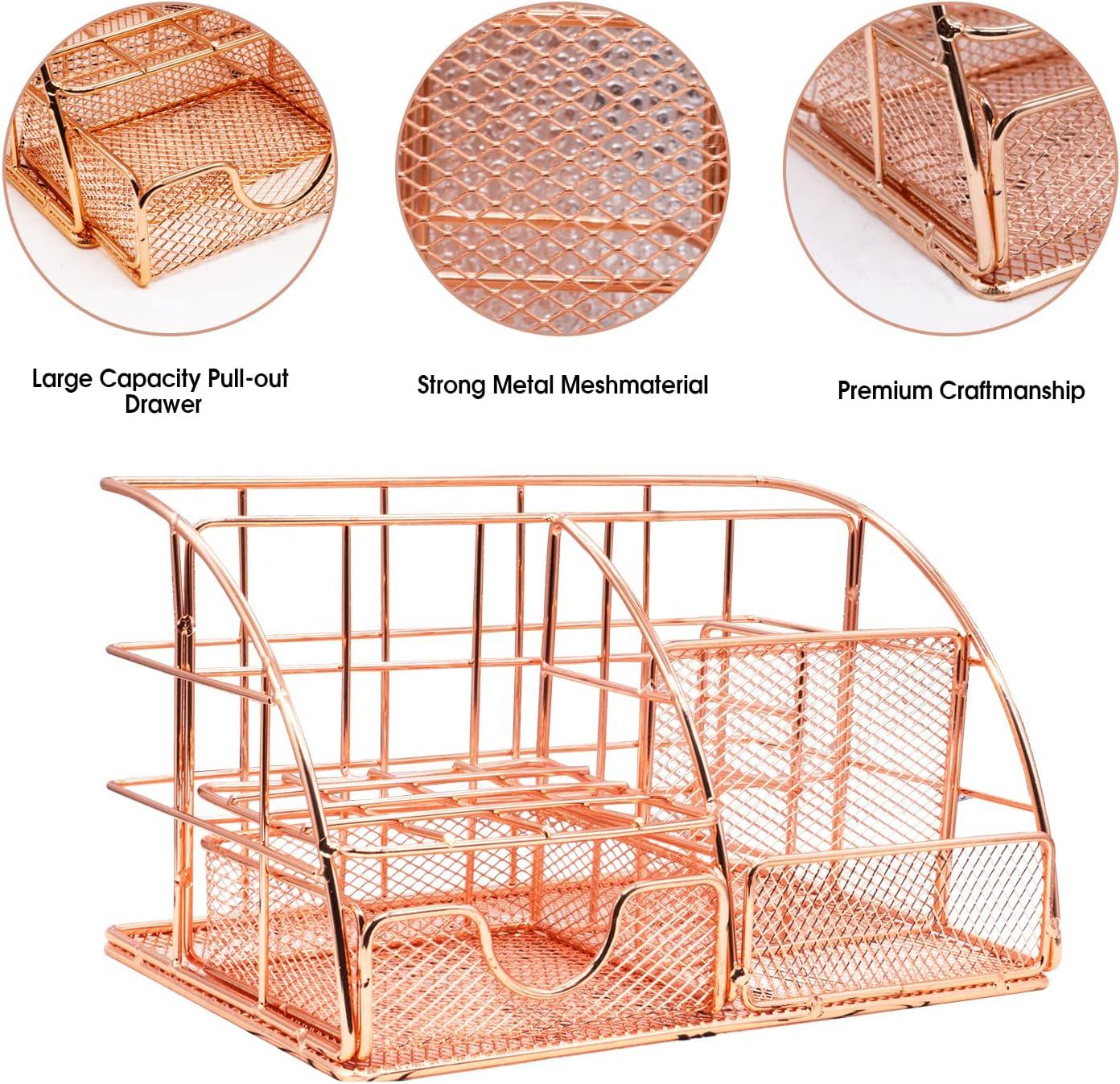 KISPATTI Desk Organizers and Accessories, Rose Gold Office Supplies with Mesh Desk Organizer, Acrylic Stapler, Staples, Ballpoint Pen, Clips Set, Pen Holder, Ruler, Scissor, Phone Holder