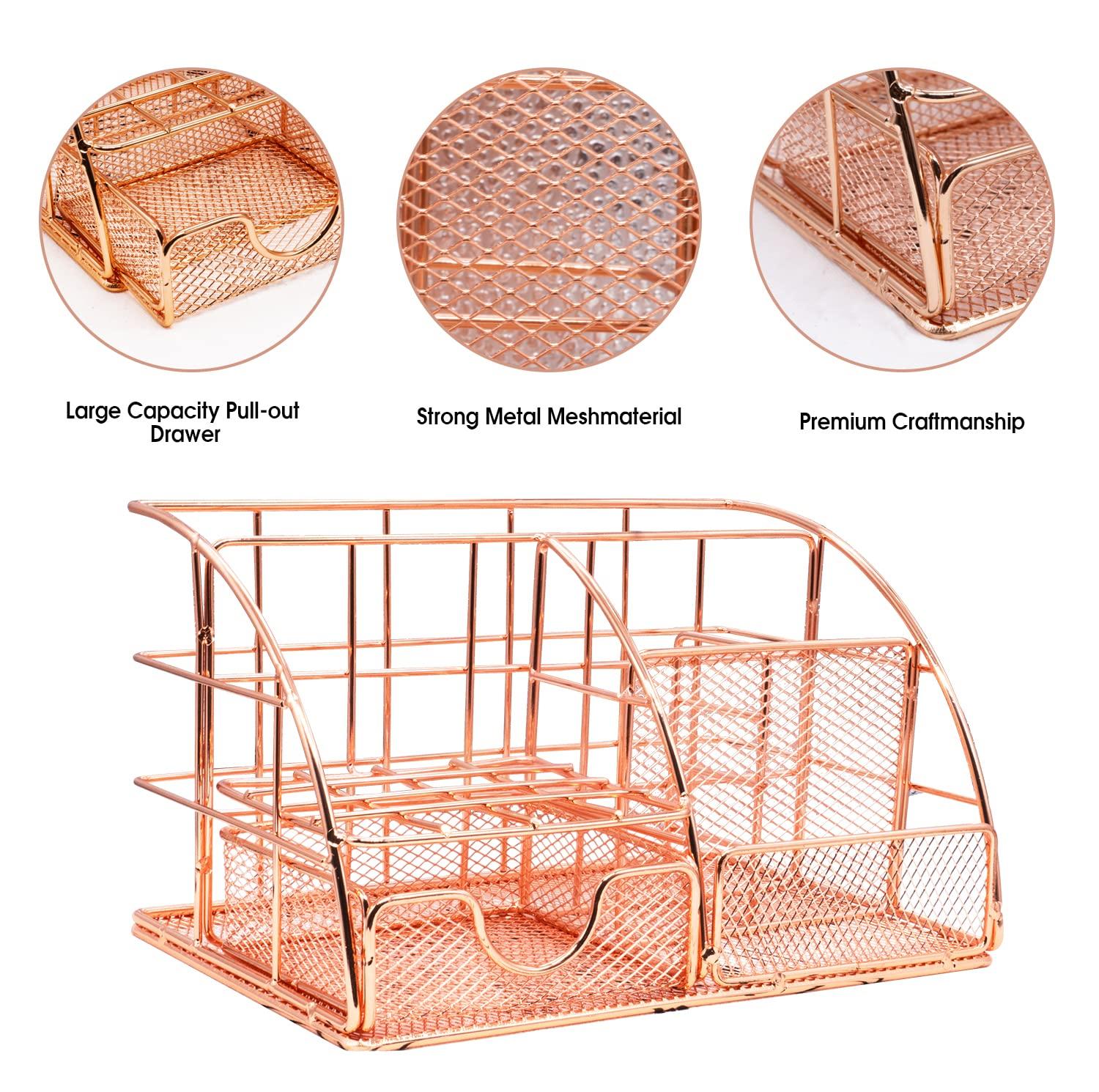 KISPATTI Desk Organizers and Accessories, Rose Gold Office Supplies with Mesh Desk Organizer, Acrylic Stapler, Staples, Ballpoint Pen, Clips Set, Pen Holder, Ruler, Scissor, Phone Holder