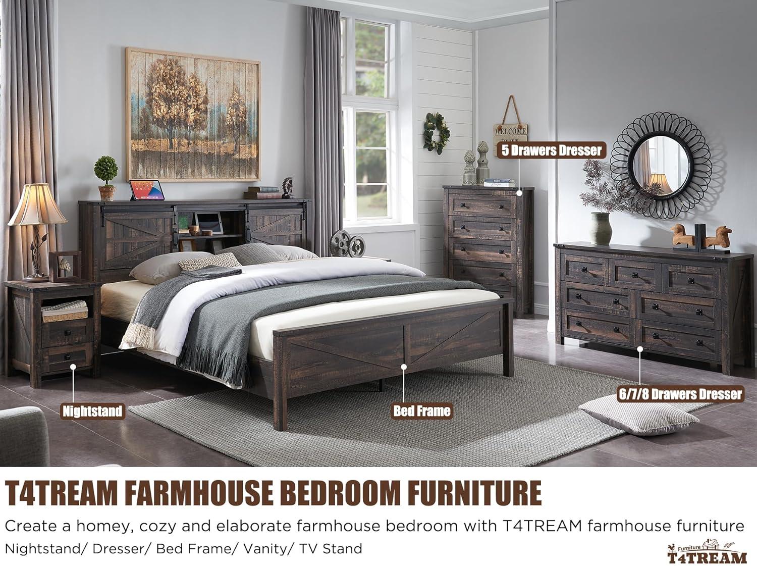 Farmhouse 6-Drawer Dresser - Rustic Dark Oak Storage, 54"L x 16"D x 31"H, Barn Door Style, Antique Brass Knobs, Wide Chest Organizer for Bedroom/Living Room