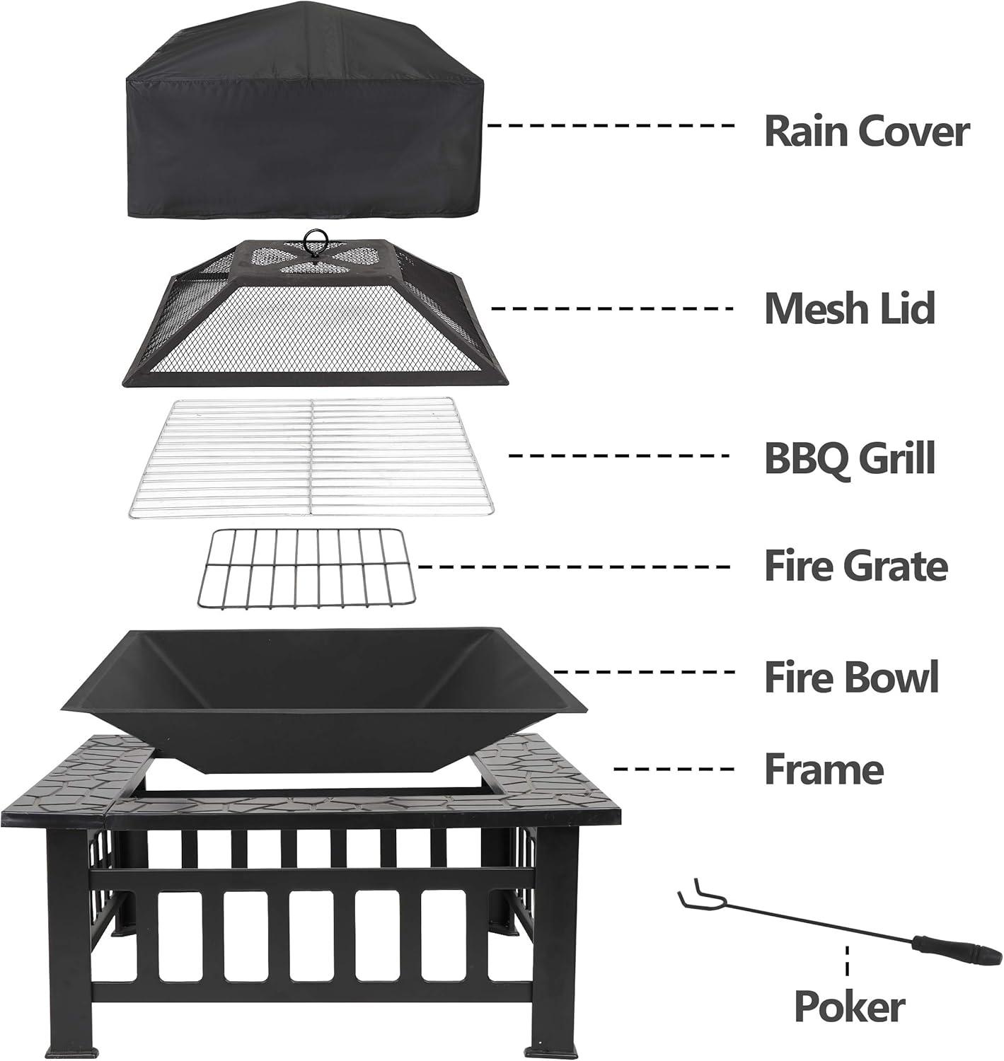 LEMY 32 Inch Outdoor Fire Pit Table, Wood Burning Firepit Stove with Lid for Camping&BBQ, Garden, Backyard
