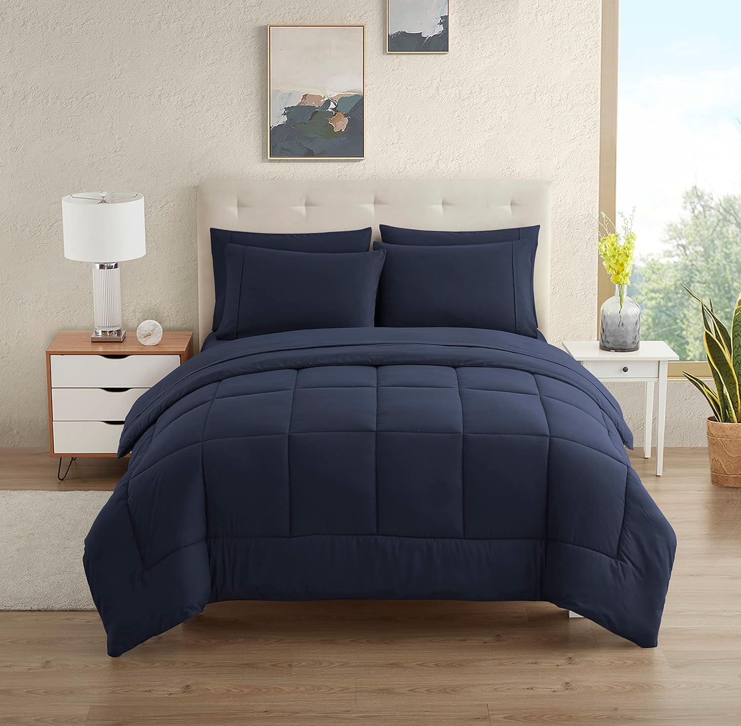 Navy Blue Twin Microfiber 5-Piece Bed in a Bag Set