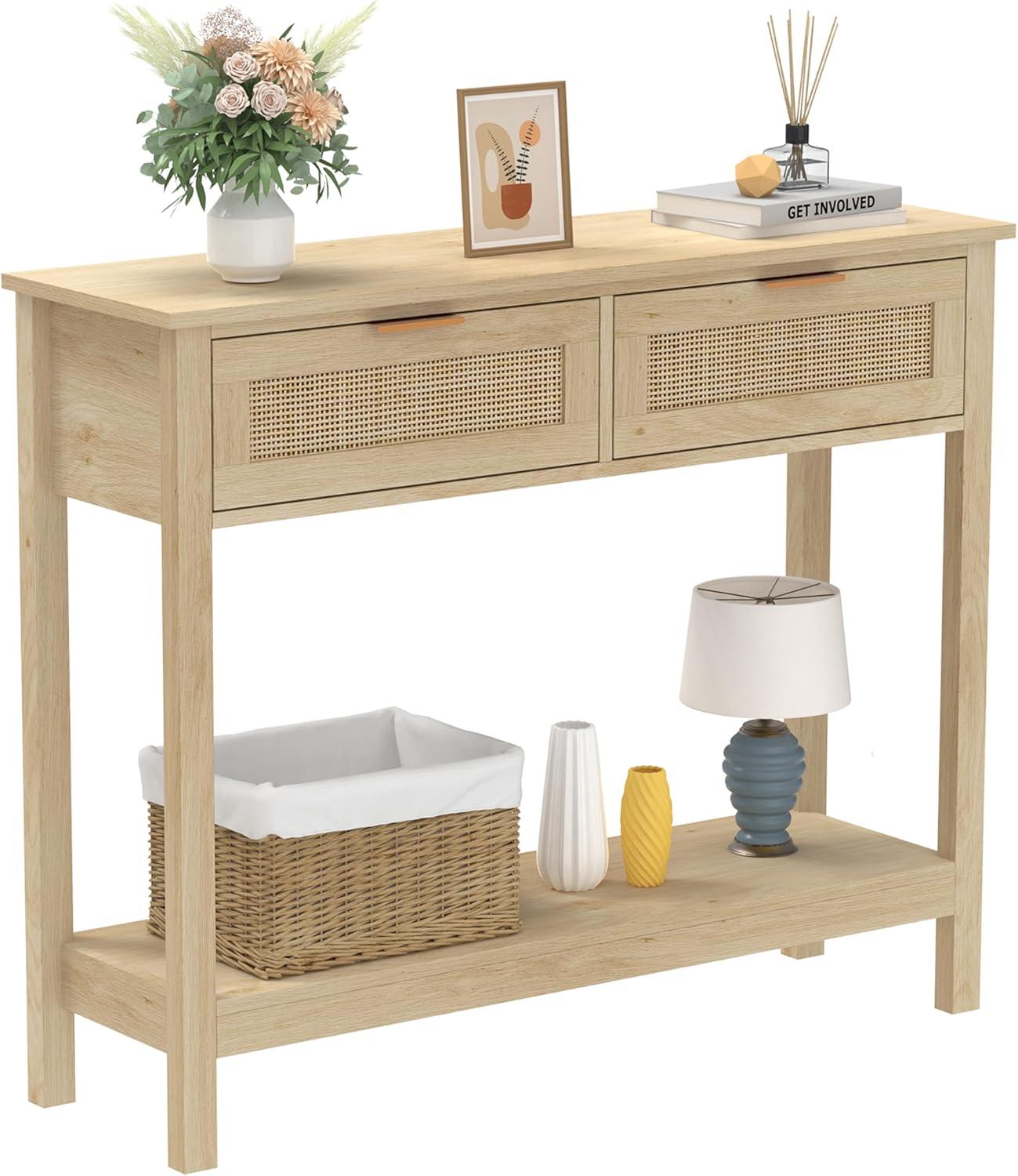 Farmhouse Rattan Console Table with 2 Drawers 2 Tier Boho Narrow Long Sofa Table Natural with Open Storage Shelf Wood Entryway Table for Living Room Hallway Foyer (Nature, 39.4 Inch)