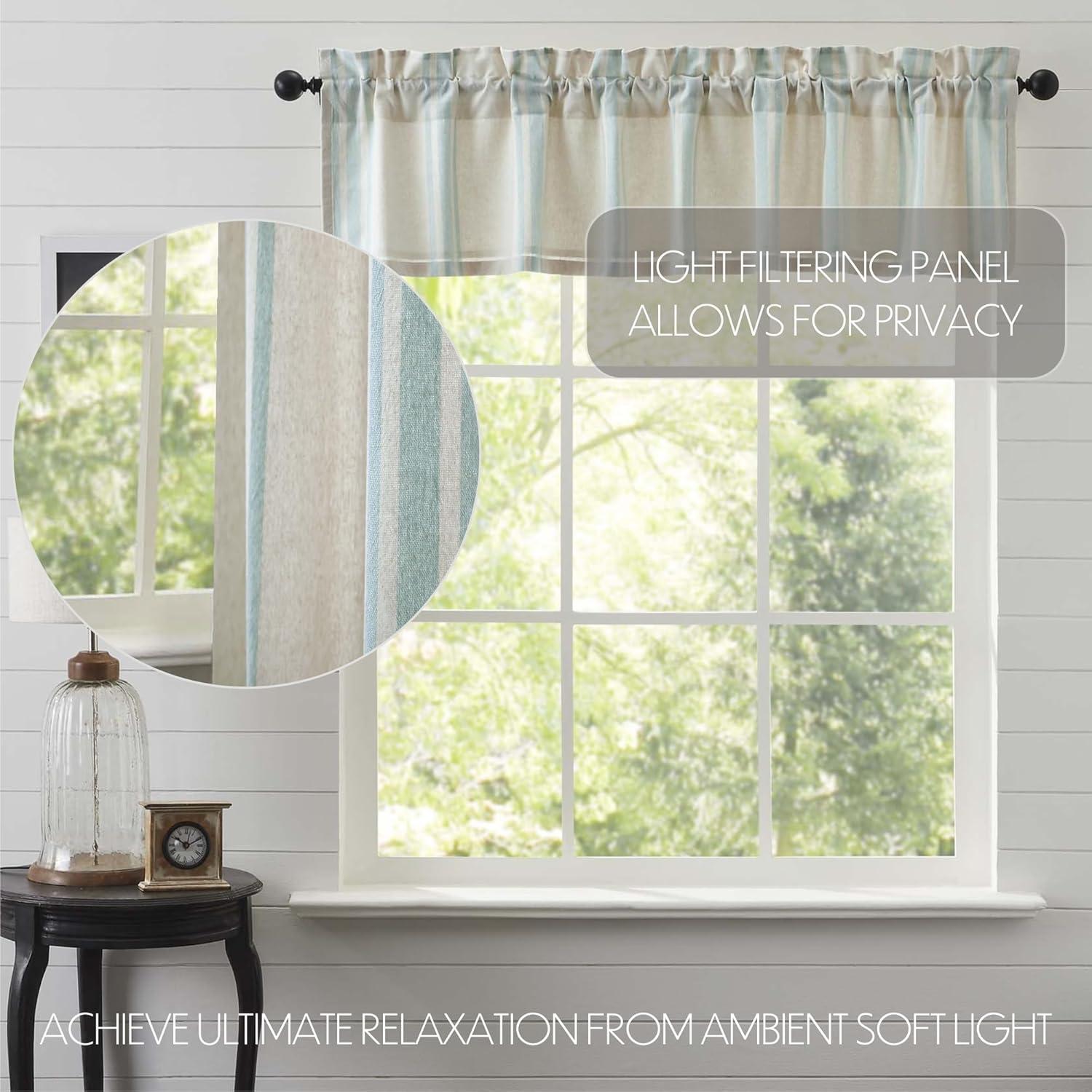 VHC Brands Grain Sack Aqua Blue Stripe Coastal Farmhouse Kitchen Curtain Valance 16x72