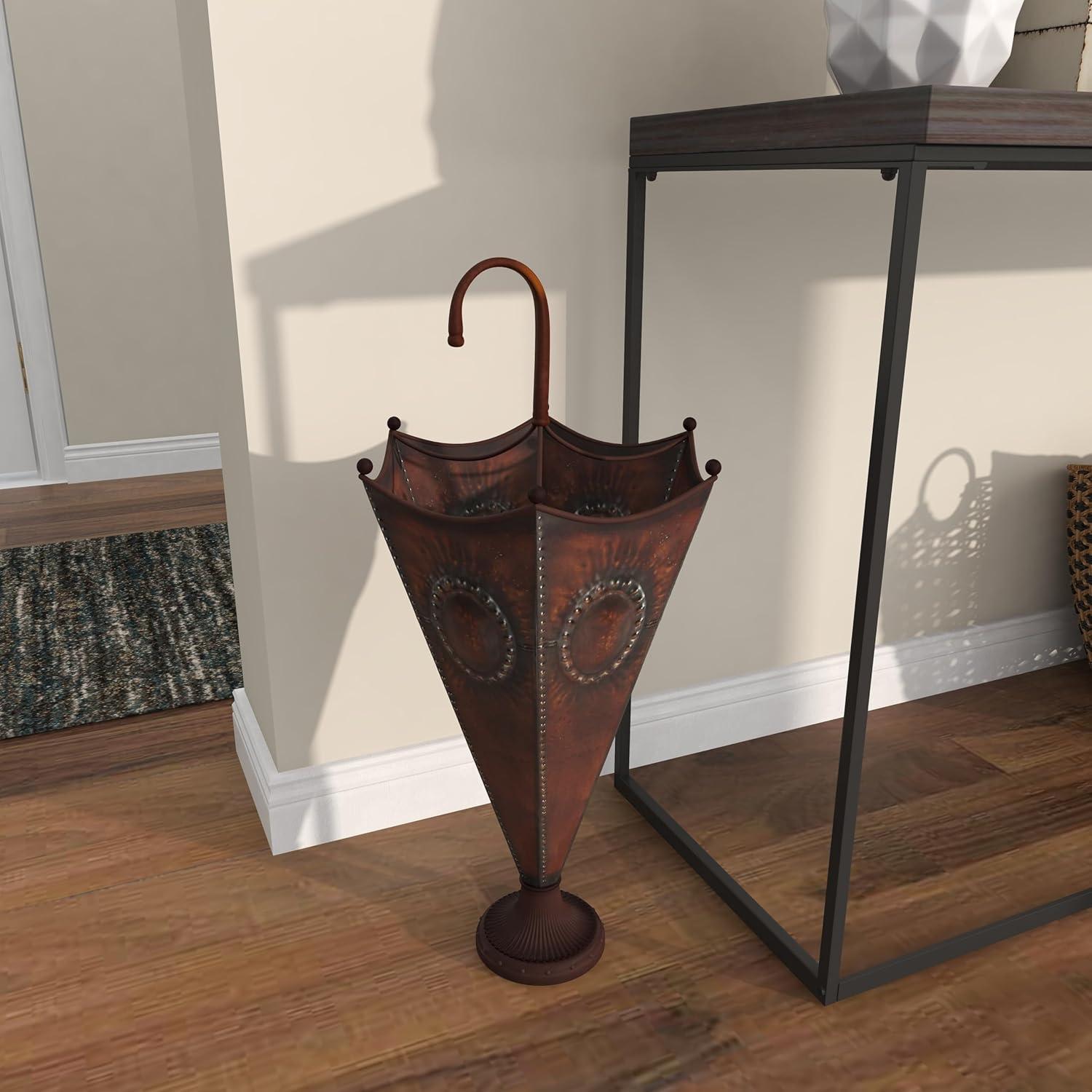 DecMode Brown Metal Umbrella Stand with Embossed Emblems