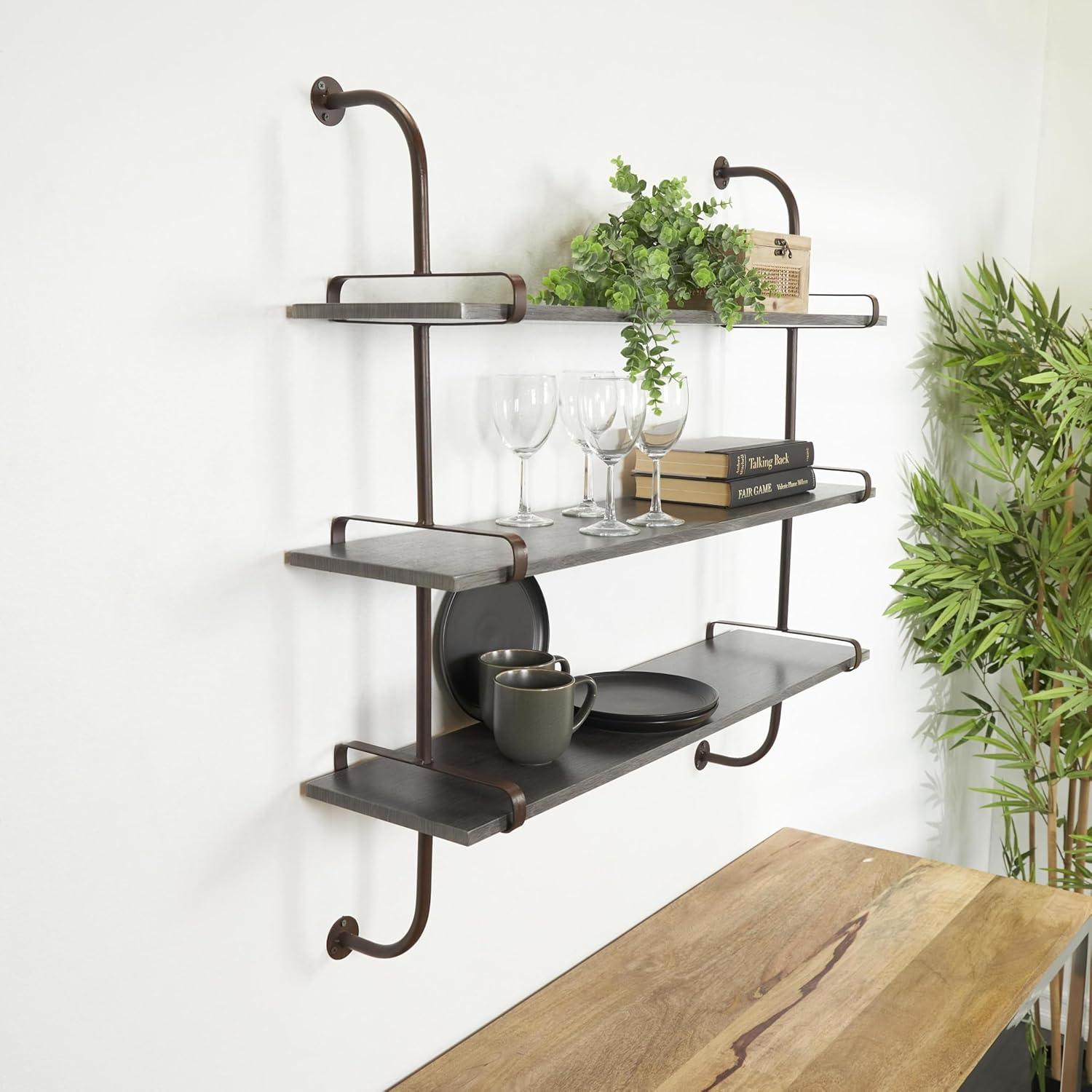 DecMode 38" x 10" 3-Tier Gray Wall Shelf with Black Metal Brackets