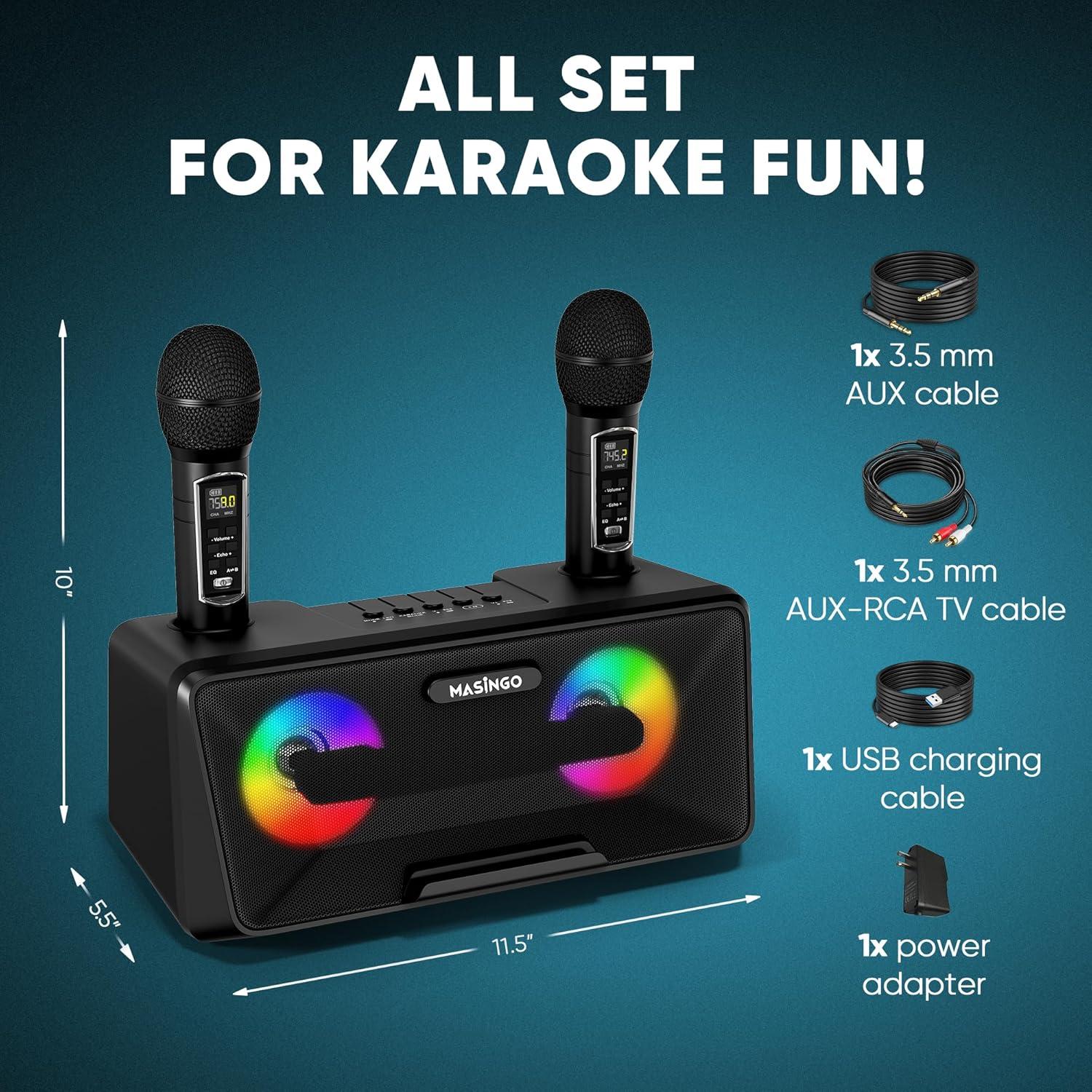 MASINGO Karaoke Machine for Adults and Kids with 2 Wireless Microphones, Portable Bluetooth Singing Speaker, Colorful LED Lights, PA System, Lyrics Display Holder & TV Cable - Presto G2 (Black)
