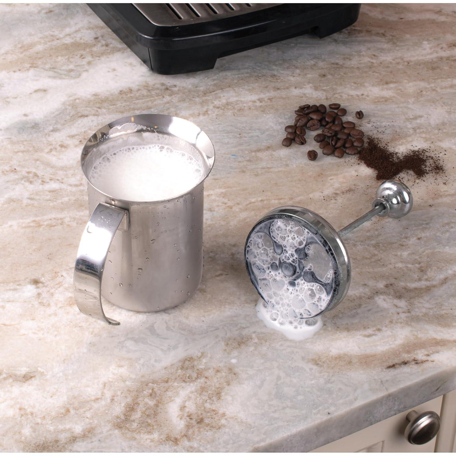 Fino Milk Creamer Frother Cappuccino Foam Pitcher with Handle and Lid, 18/8 Stainless Steel, 14-Ounce Capacity