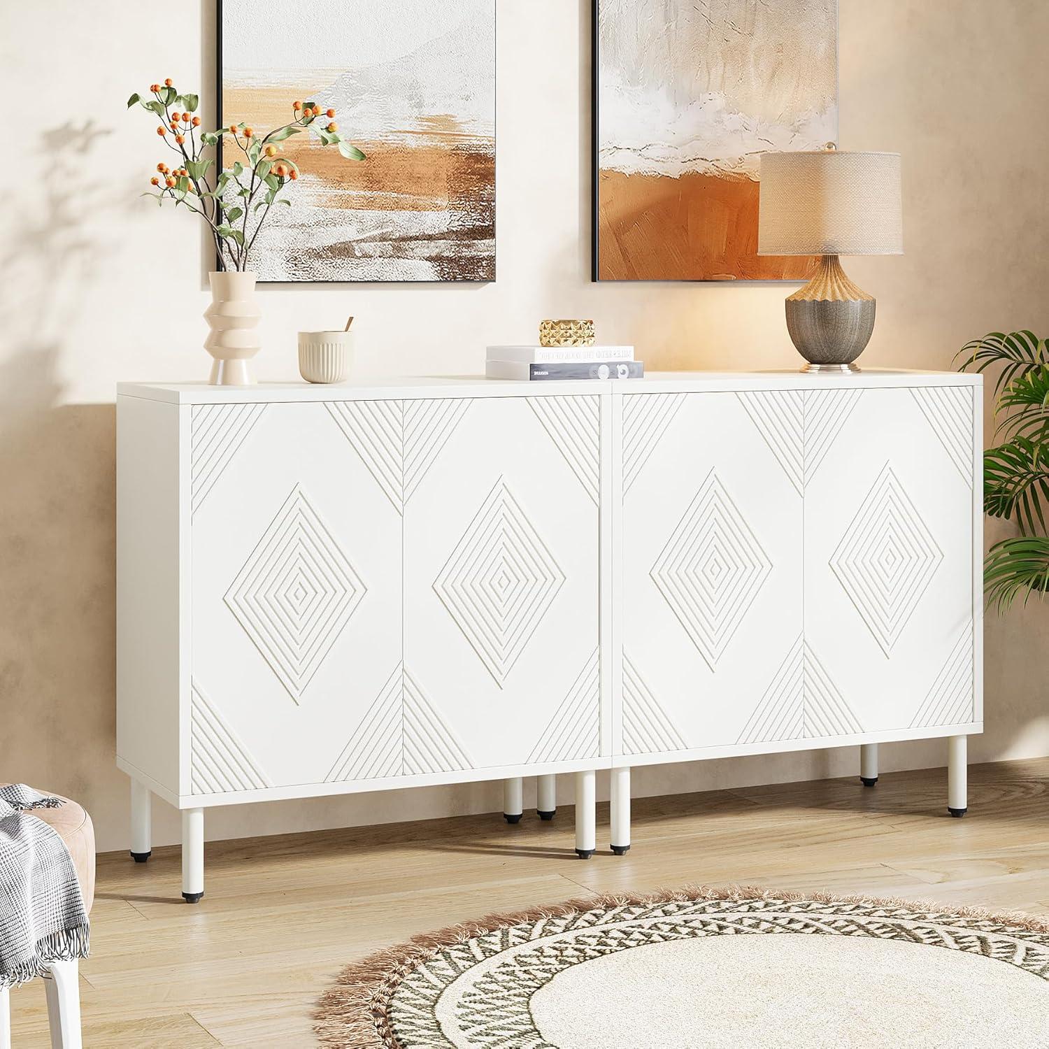 57" White Modern Sideboard Cabinet with Diamond Pattern Doors