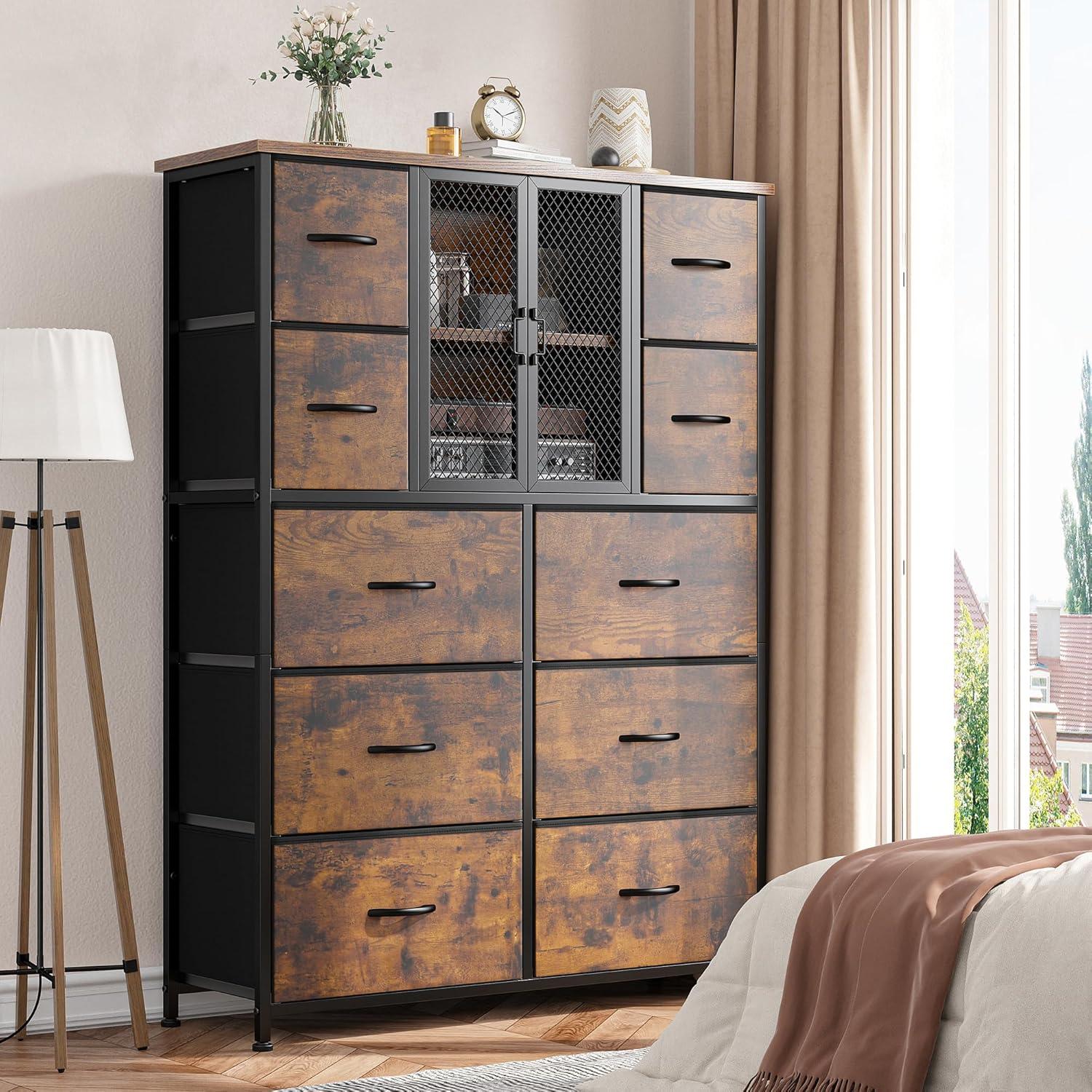 ASDRFYU Dresser Tall Dressers for Bedroom with Mesh Door Dressers & Chests of Drawers with 10 Fabric Drawer Dresser Organizer Metal Frame Wood Top for Closet Entryway Black 38" Wx