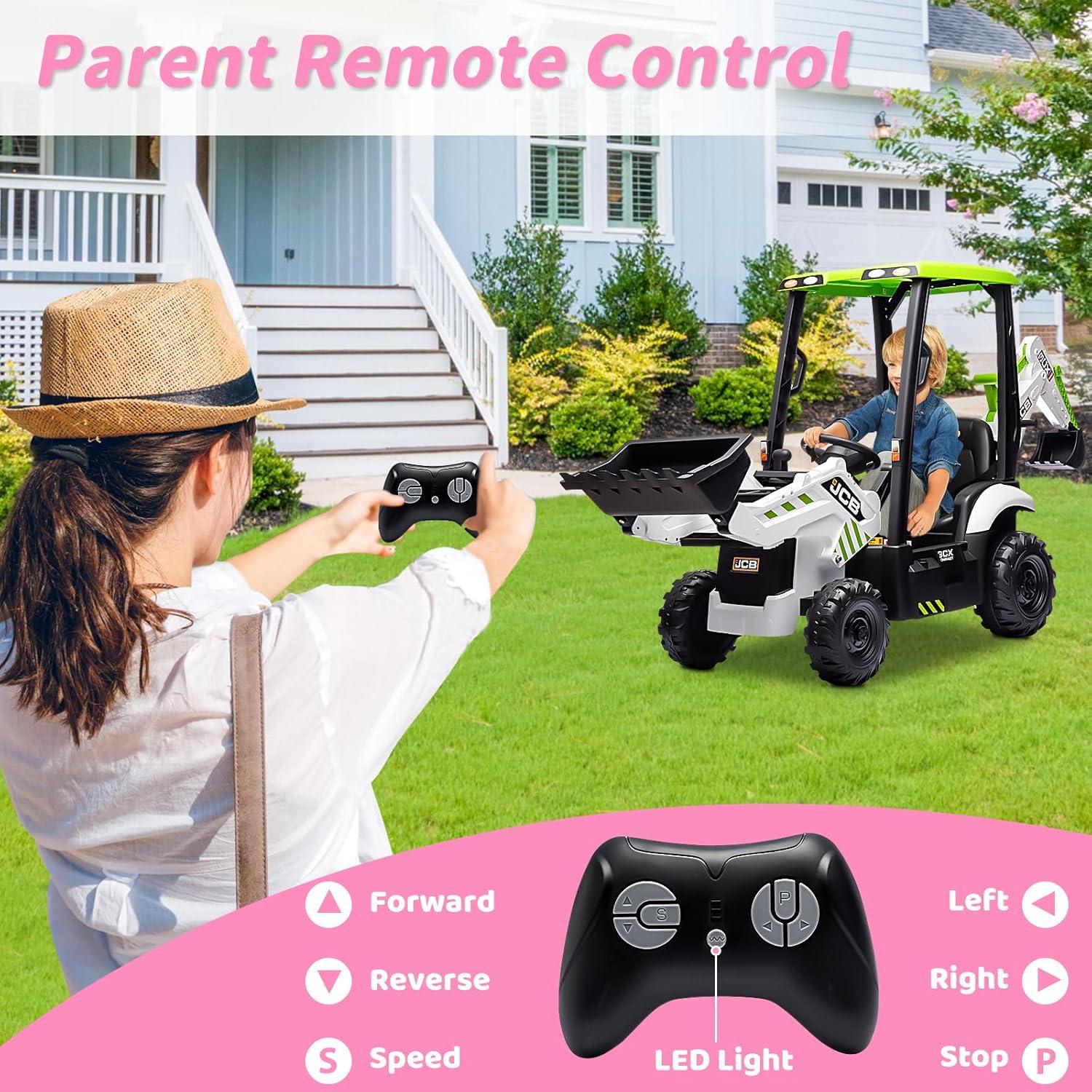 Pinypikaka 4 in 1 Ride on Excavator & Bulldozer 12V Kids Electric Vehicle with Remote Control, Front Loader, Digger, Horn, Adjustable Seat, Excavator Ride on Car Toy