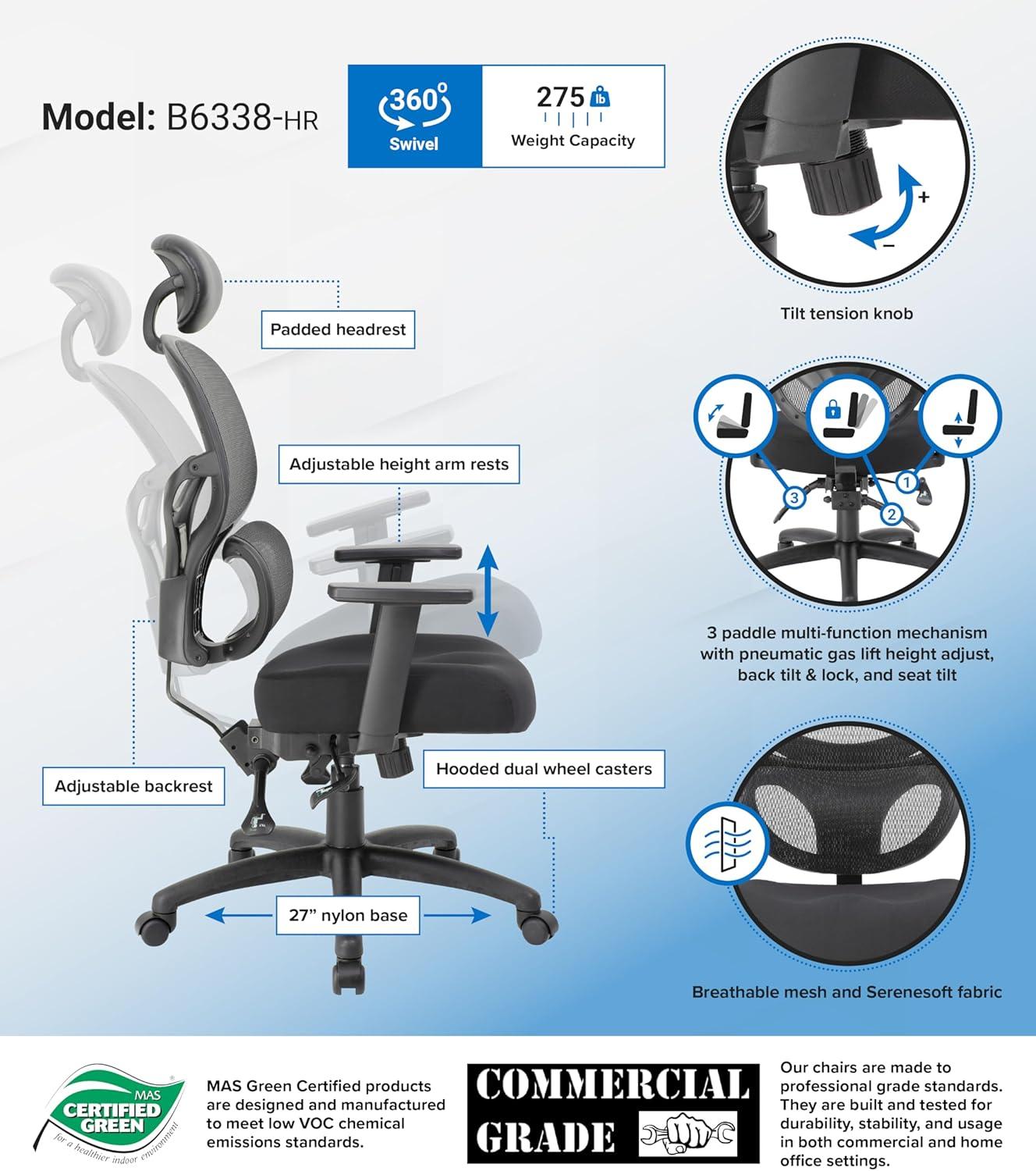 Boss Multi-Function Mesh Task Chair w/Headrest