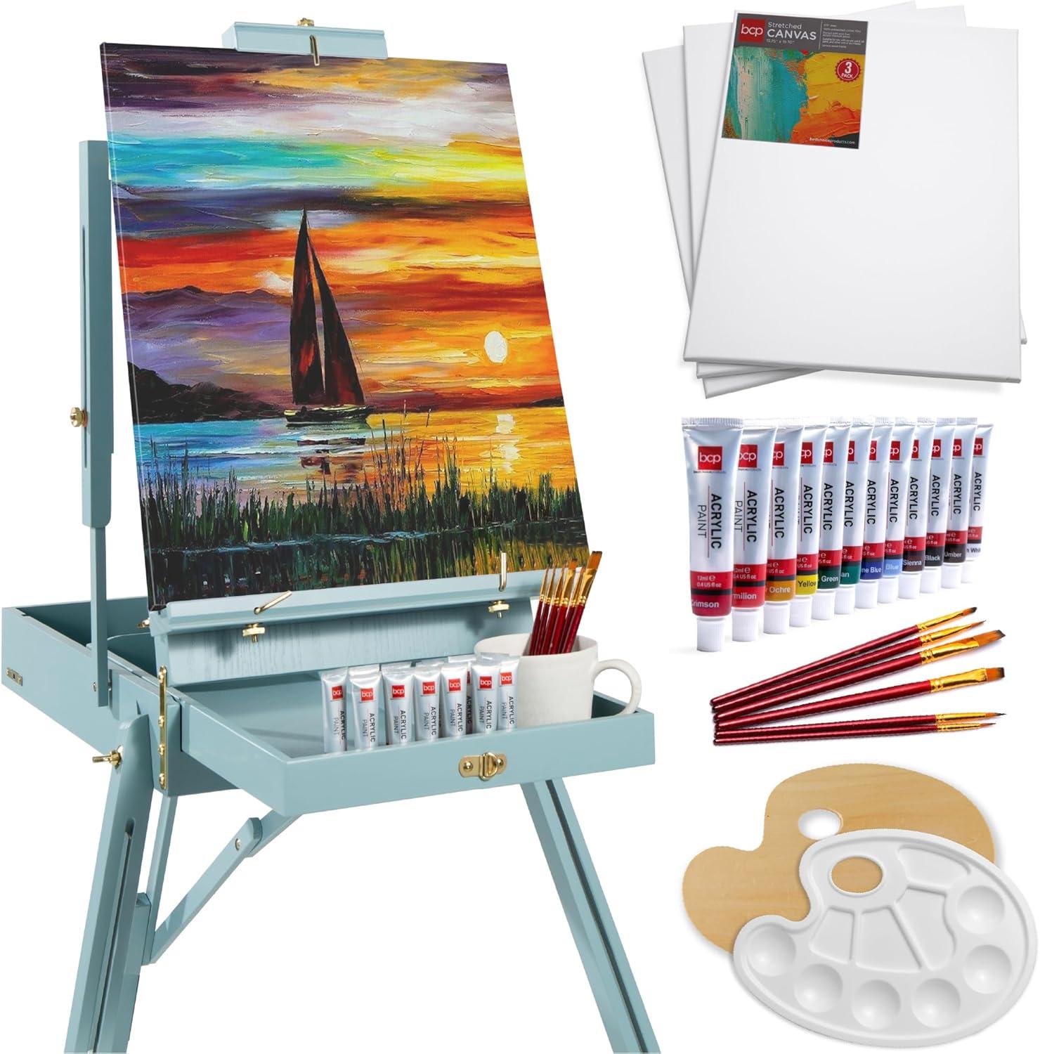 Best Choice Products French Easel, 32pc Beginners Kit Portable Wooden Adjustable Tripod  w/ Paint Supplies - Blue