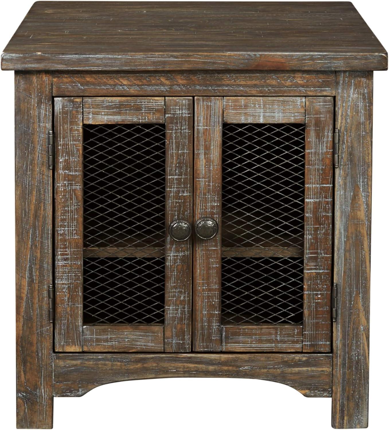 Danell Ridge Rectangular End Table Brown - Signature Design by Ashley: Farmhouse Mesh Cabinet Storage