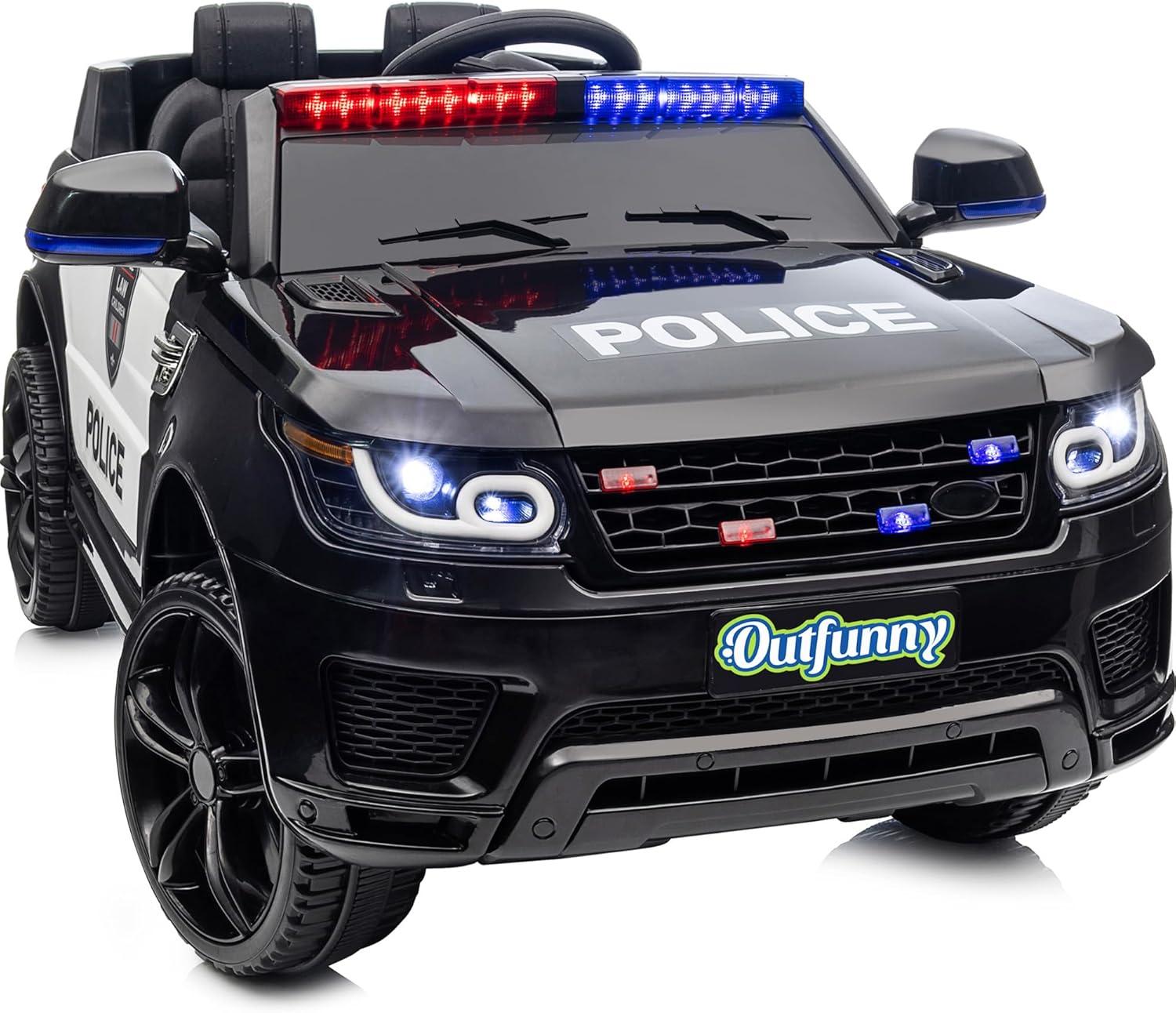 Outfunny Electric Police Car for Kids, 12 Volt Kids Ride on Toy Car with Remote Control, Bluetooth, Megaphone
