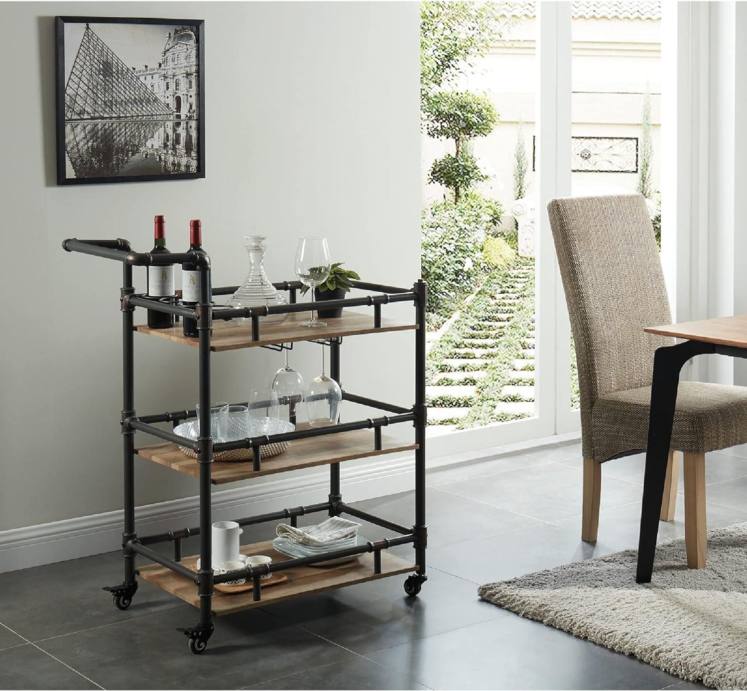 Rustic Black and Brown Three-Tier Wooden Serving Cart with Casters