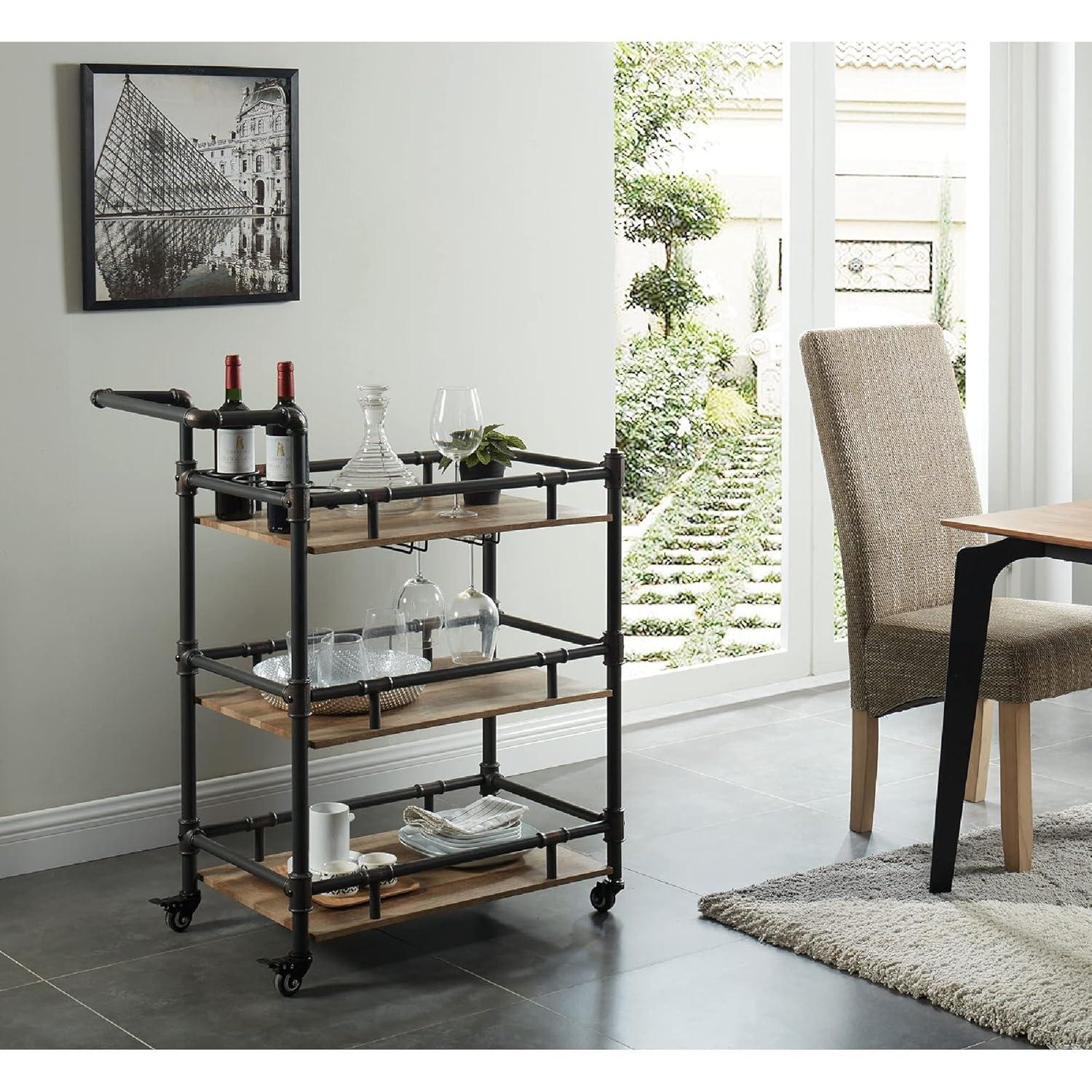 Benjara Benzara Rustic Three Tier Serving Cart, Black and Brown
