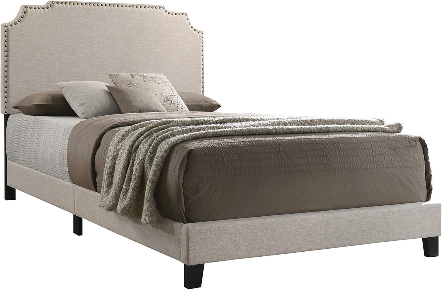 Beige Upholstered Queen Bed with Nailhead Trim and Drawer