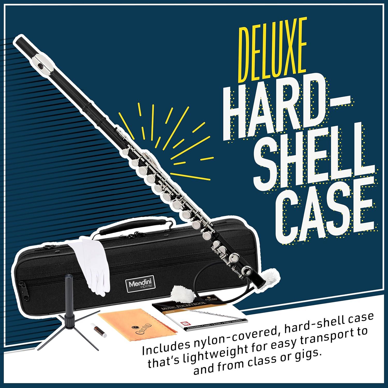 Mendini By Cecilio Flute, 16 Keys C Flute Instrument Closed Hole For Beginners with Carrying Case, Cork Grease, Stand, Lesson Book, Cleaning Kit, Gloves (Black)