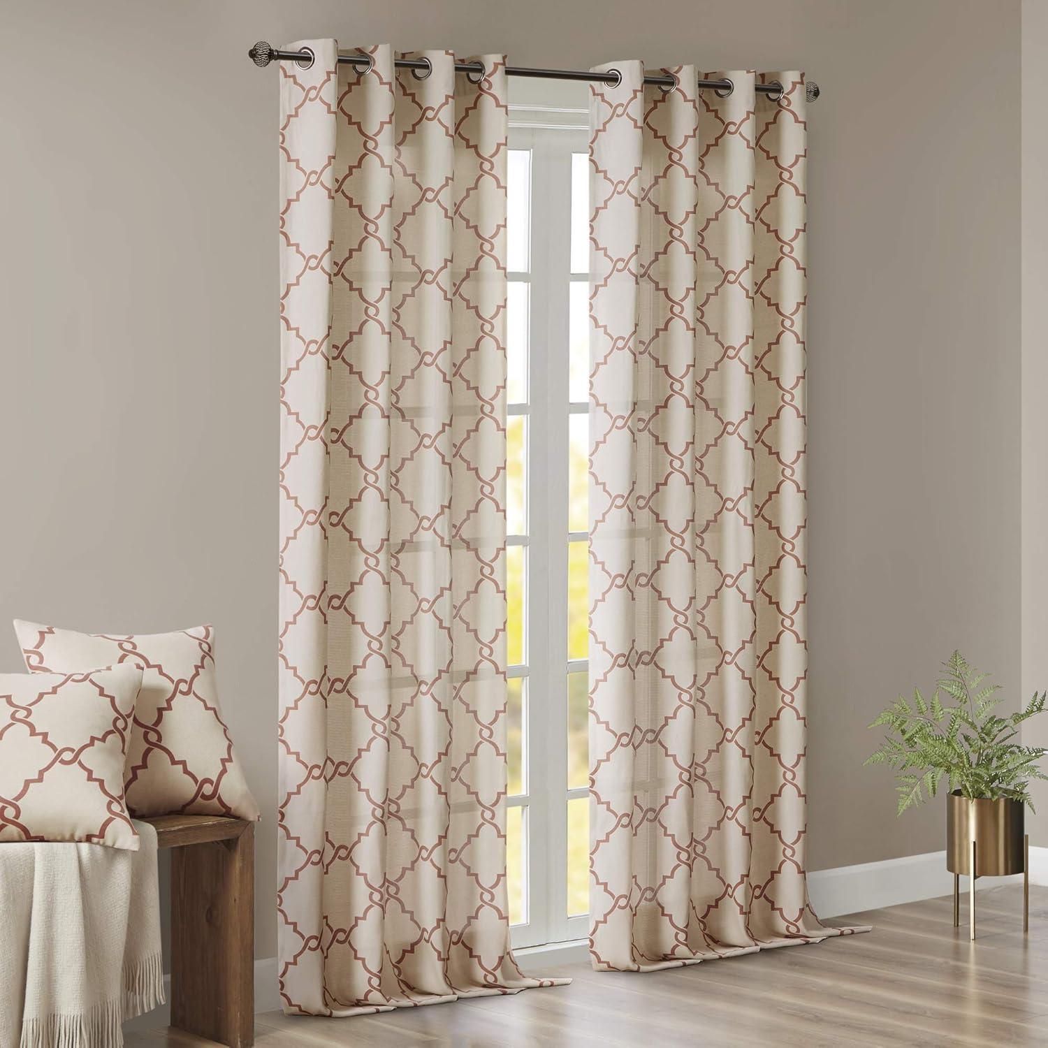 Beige and Spice Fretwork Cotton Blend Grommet Curtain Panel