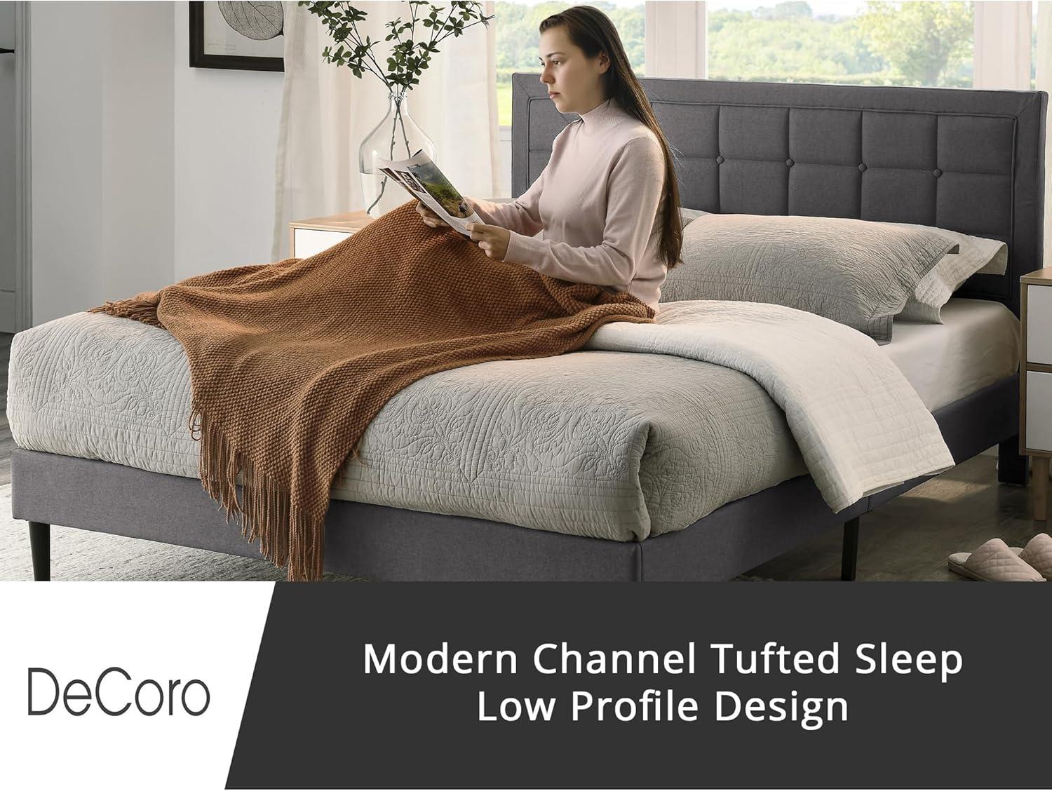 DeCoro Mornington Upholstered 2.0 Platform Full Size Bed Frame with Headboard for Indoor Use, Bedrooms, and Sleep Essentials, Queen, Grey