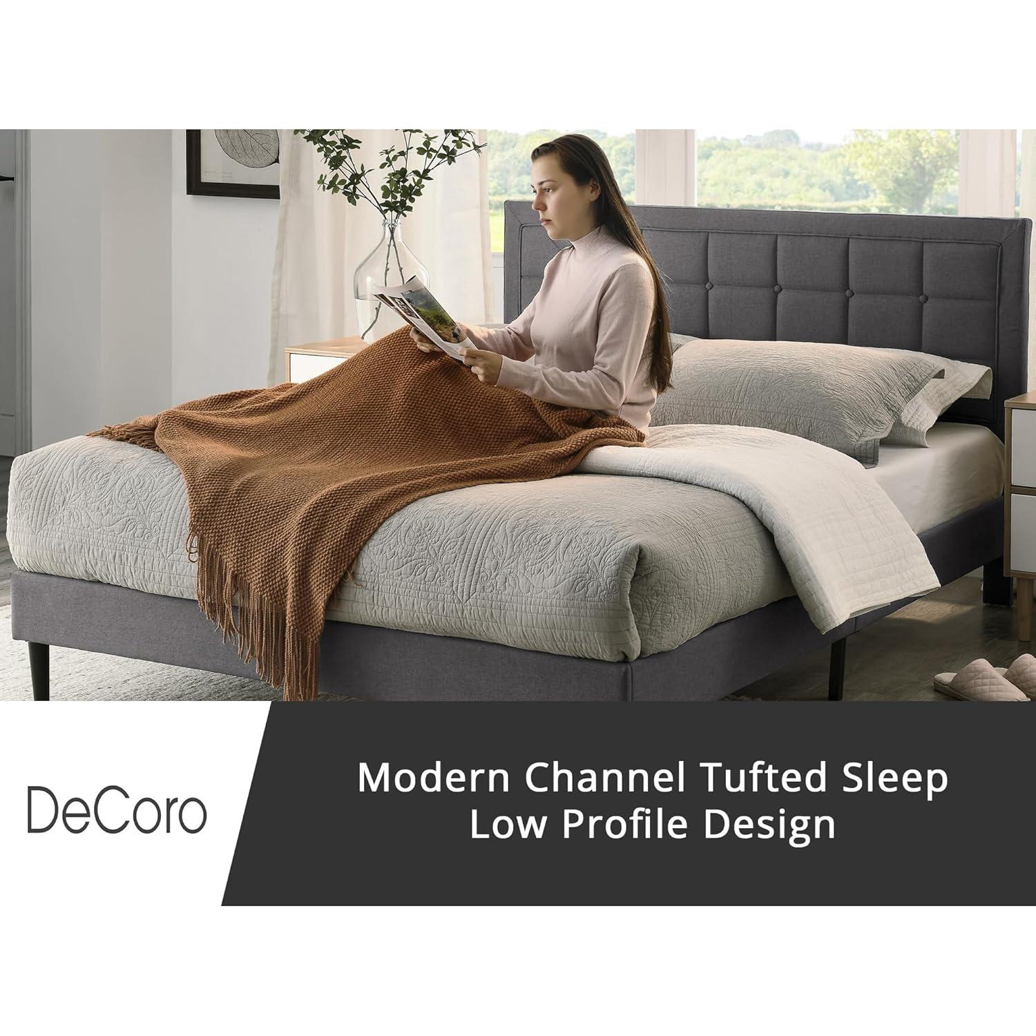 DeCoro Mornington Upholstered 2.0 Platform Full Size Bed Frame with Headboard for Indoor Use, Bedrooms, and Sleep Essentials, Queen, Grey