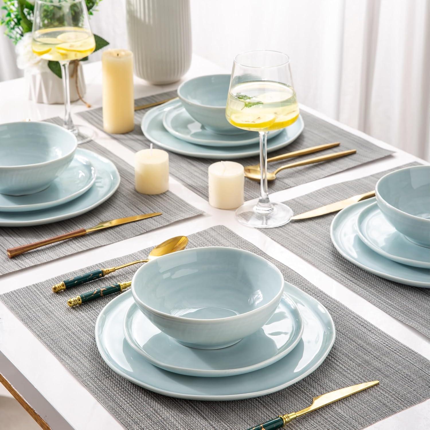 Hokku Designs Ceramic Dinnerware Sets For 6,Plates And Bowls Sets With Wavy Edge,Microwave & Dishwasher & Oven Safe,Light Weight & Scratch Resistant Dishes Sets-Service For 6 (18Pcs)-Light Jean Blue