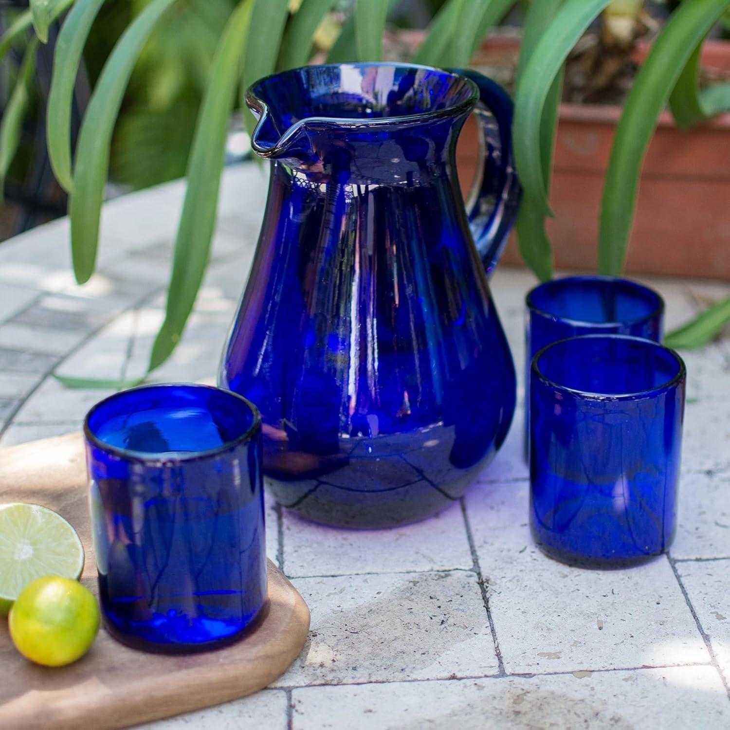NOVICA Large Blue Hand Blown Glass Pitcher For Water, Margaritas, Lemonade, 82 Oz, 'Cobalt Charm'