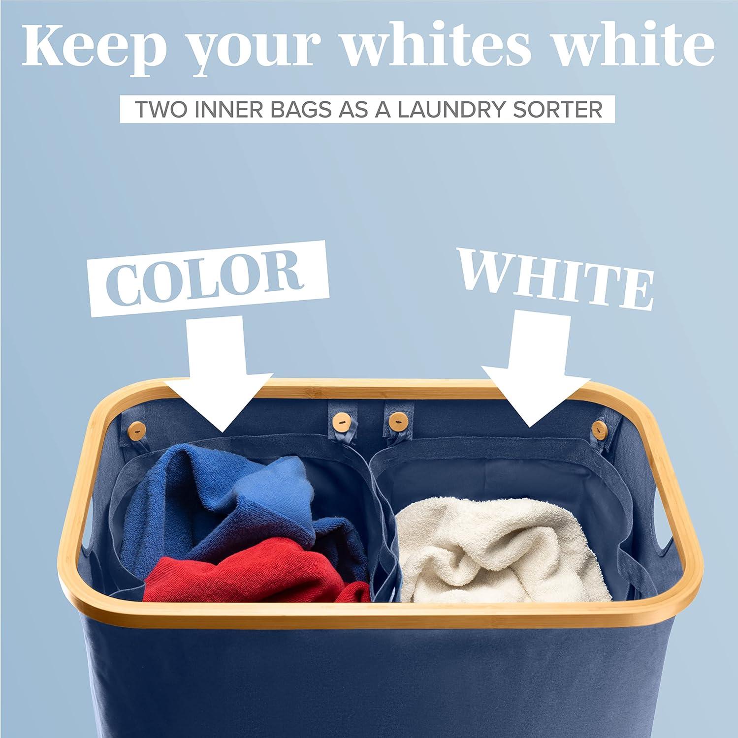 Lonbet - Double Laundry Hamper with Lid Cover - Bamboo Dual Section Laundry Basket - Collapsible Clothes Fabric Bin - Easy and Efficient Sorting - Removable Bags - 39.6 Gallons (3-5 Loads) - Blue
