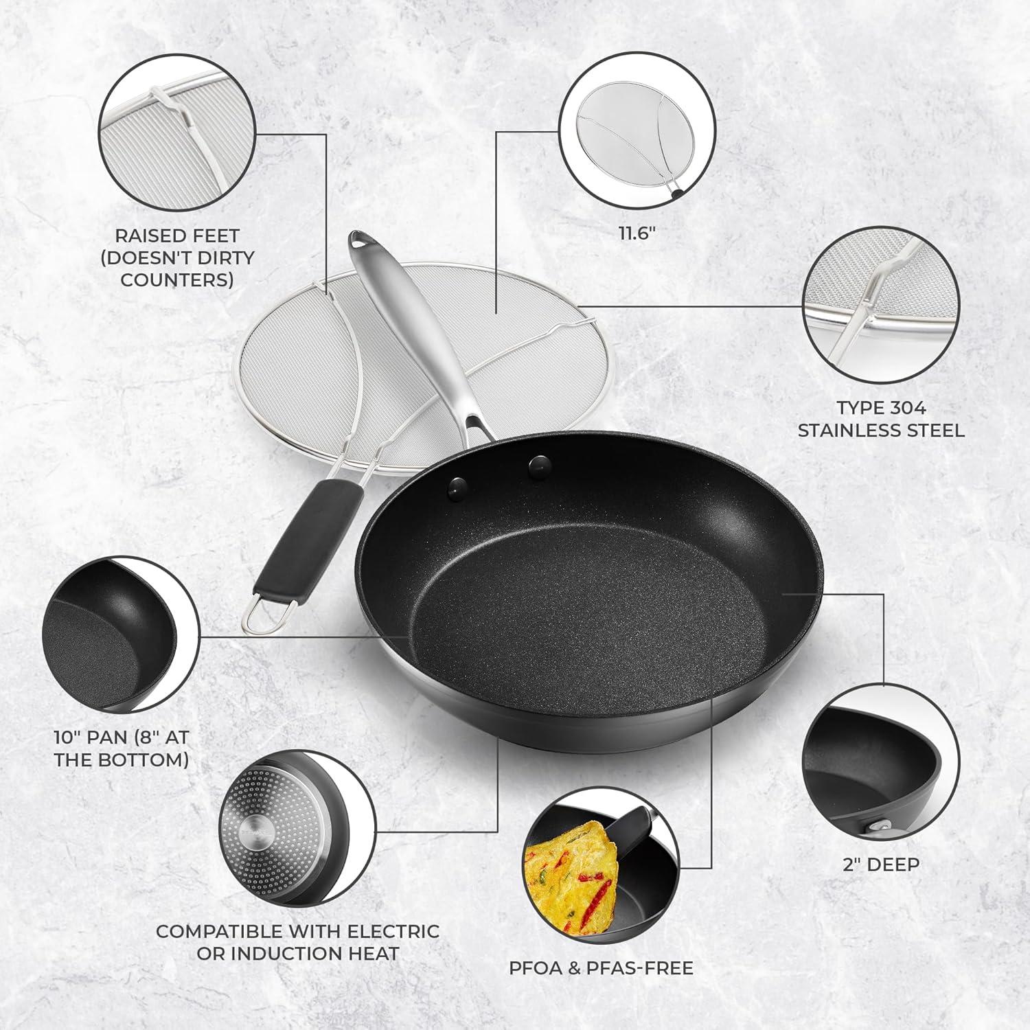 10-Inch Non-Stick Stainless Steel Frying Pan with Lid and Spatula