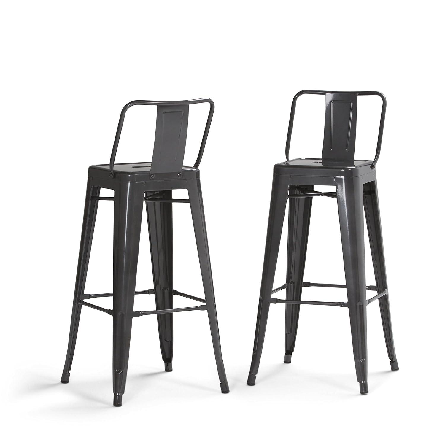 Simpli Home Rayne Metal Industrial Stool with Curved Back, Cross-Brace, and Footrest