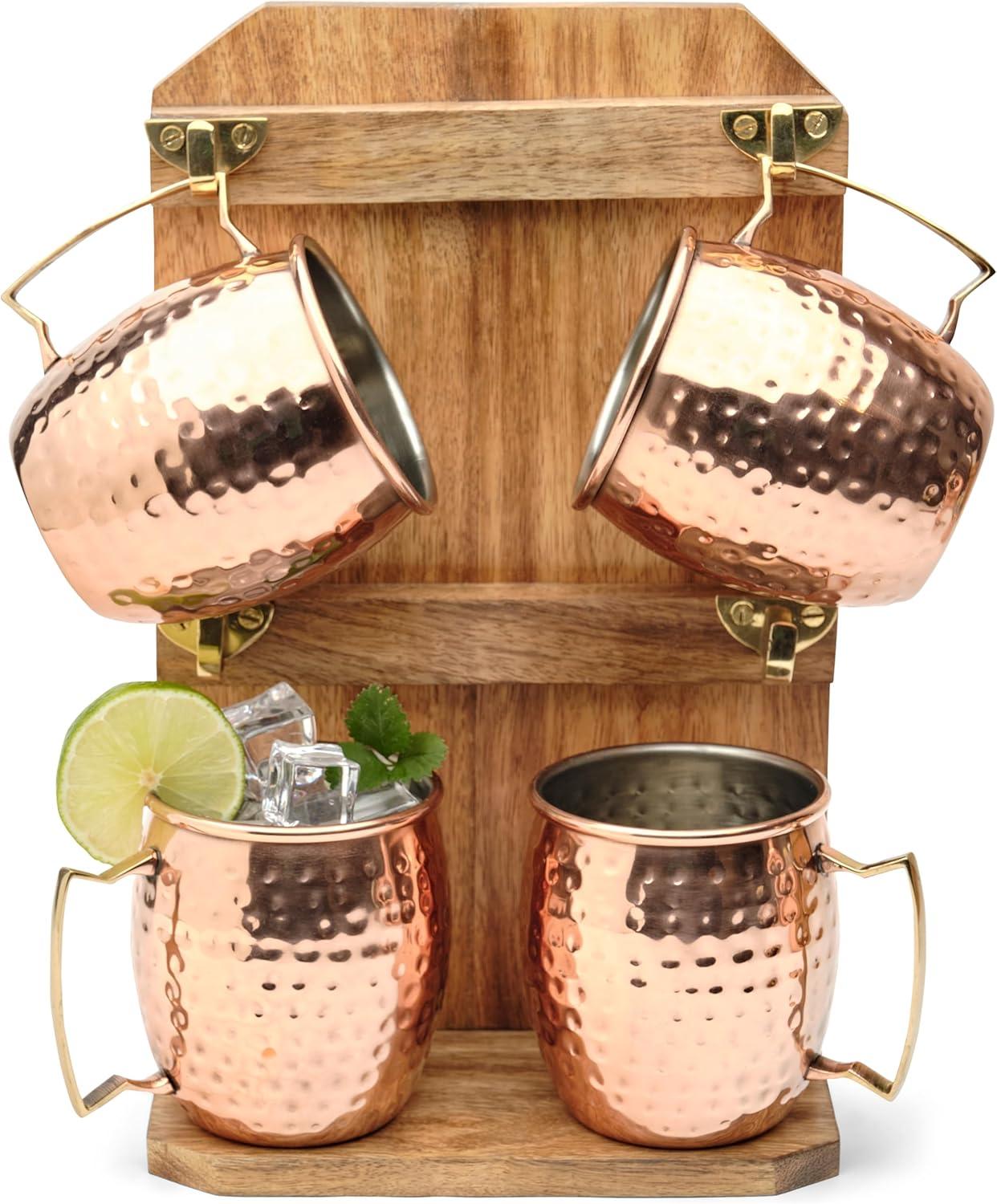 Hand-Forged Copper Moscow Mule Mugs with Wooden Stand