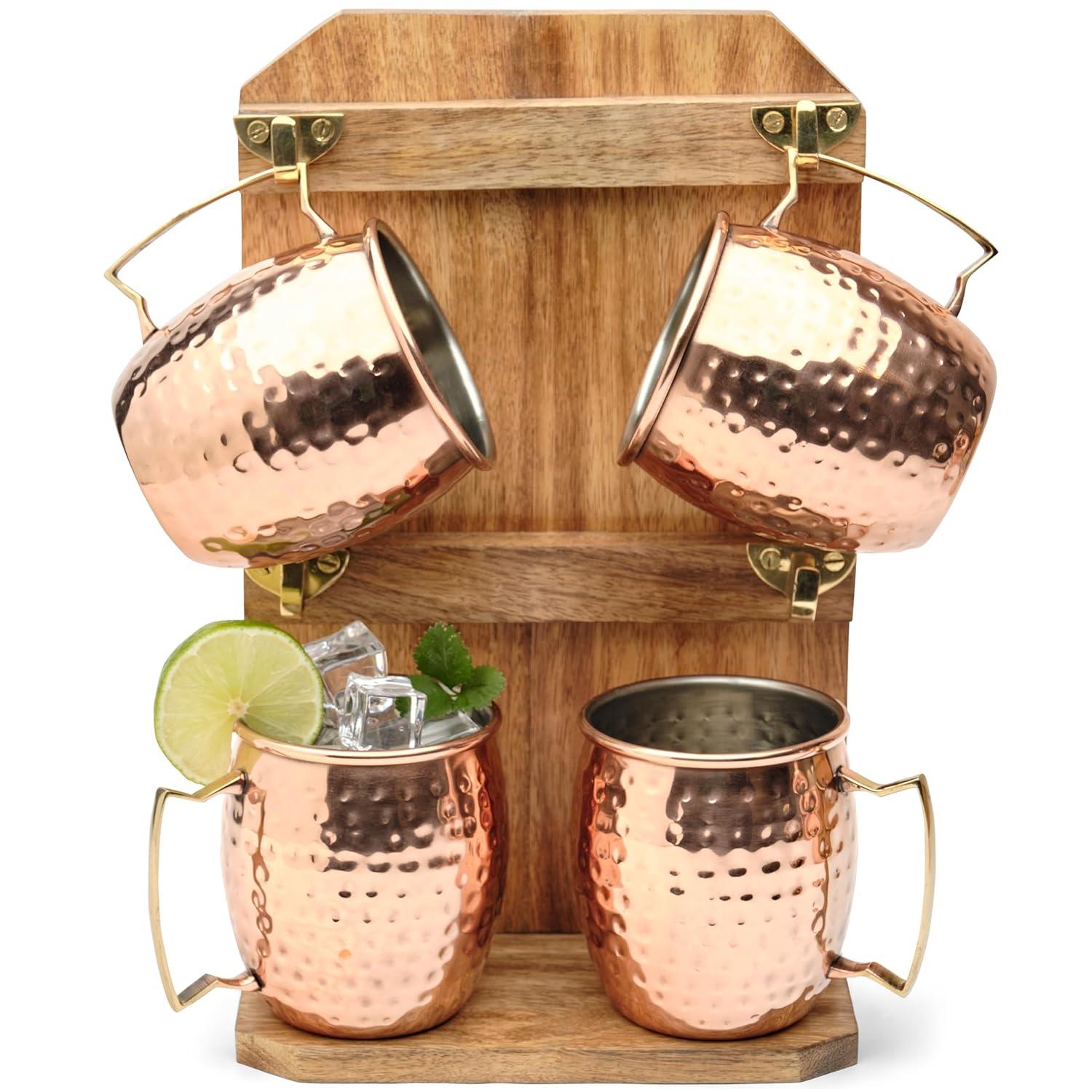Moscow Mule Mugs | Stainless Steel with Copper Finish | Large 18 Oz Capacity | Set of 4 Mugs | Bonus Solid Wood Mug Stand with Brass Hooks