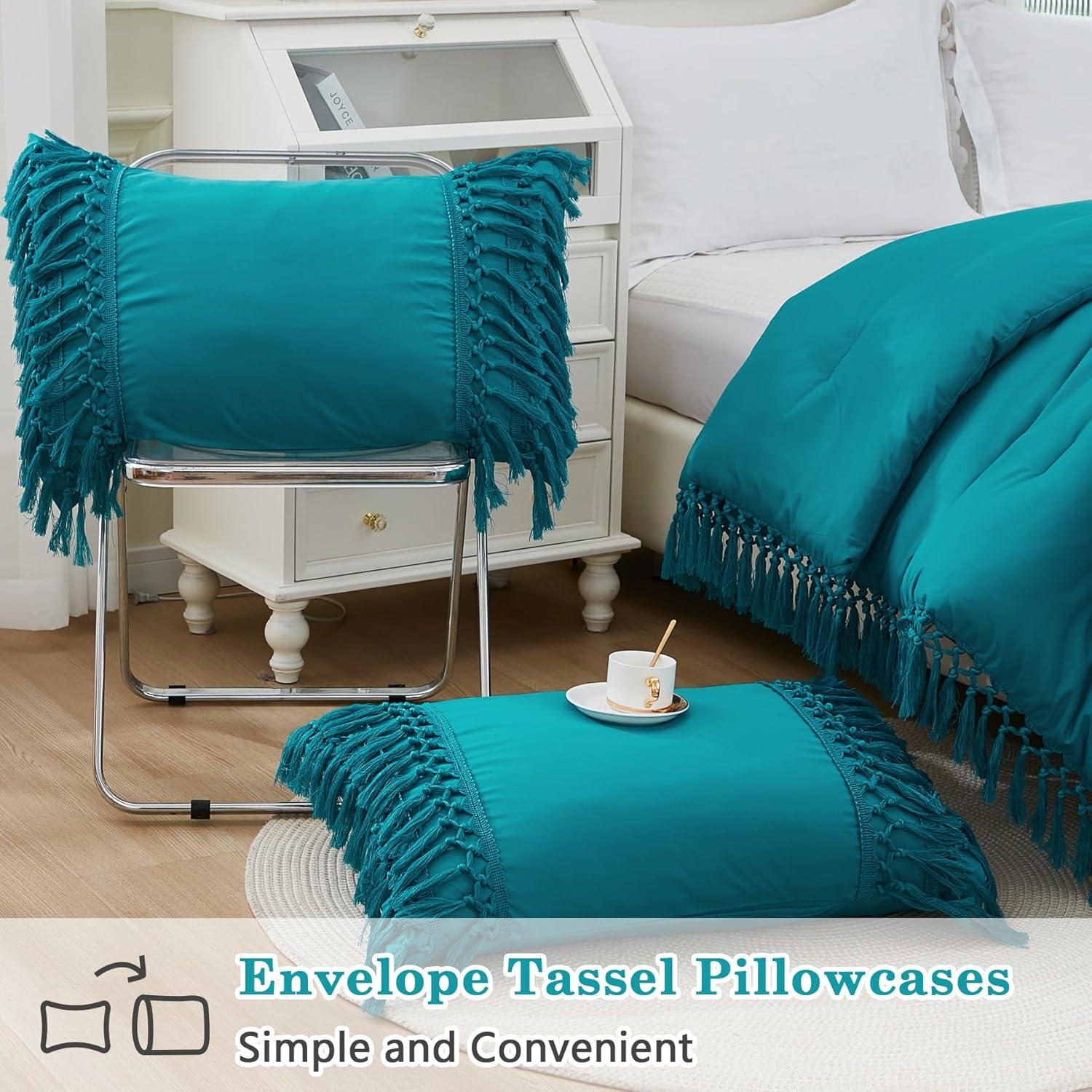 Turquoise King Boho Tassel Comforter Set with Pillowcases