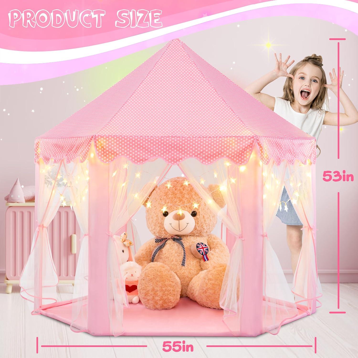 EVOIONOS Princess Tent for Girls, Kids Play Tent with LED Star Lights, Castle Playhouse for Children Indoor Outdoor Games, 55X53 inches, Pink