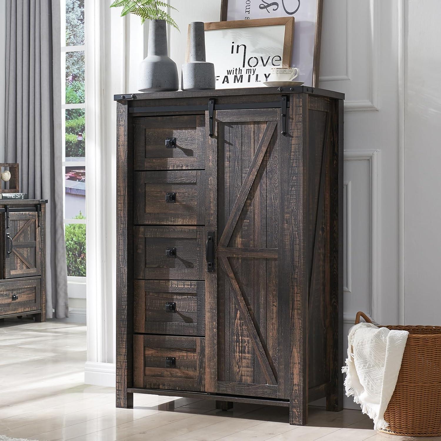 Farmhouse 5 Chest of Drawers, Tall Drawers Dresser with Sliding Barn Door