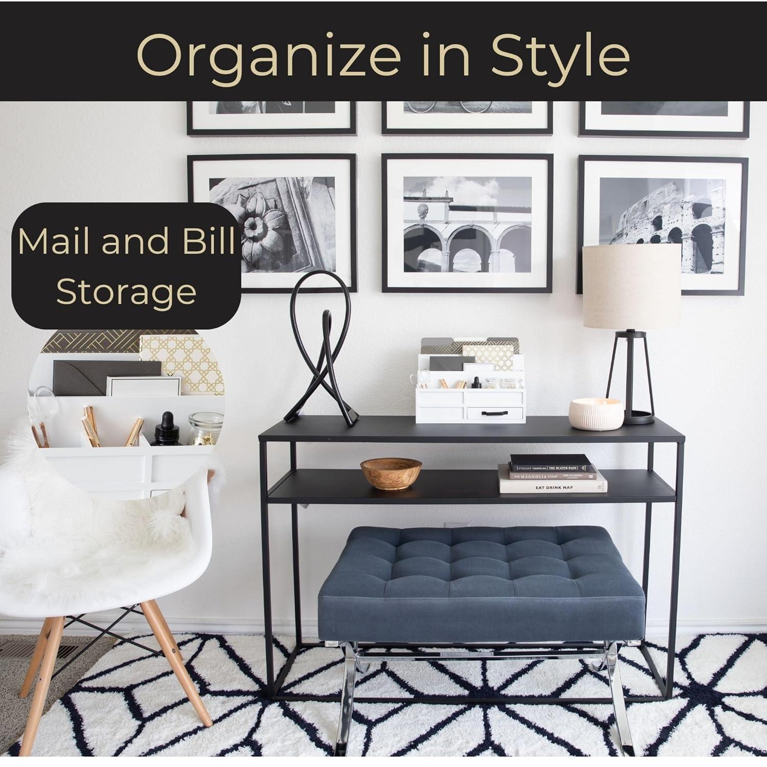 Blu Monaco White Desktop Organizer with Drawer - Paper Wood Bill & Mail Organizer for Office Desk, Countertop & Workspace Storage