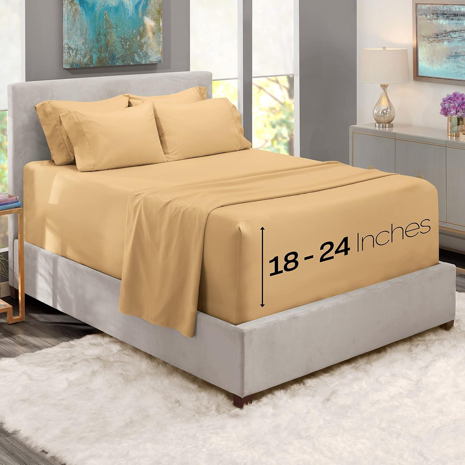 Extra Deep Pocket 4 Piece Bed Sheet Set – Super Deep Fitted Sheet Fits Mattress from 18-24 inces Depth – Double Brushed Microfiber Sheets with 2 Pillow Cases, Twin, Camel