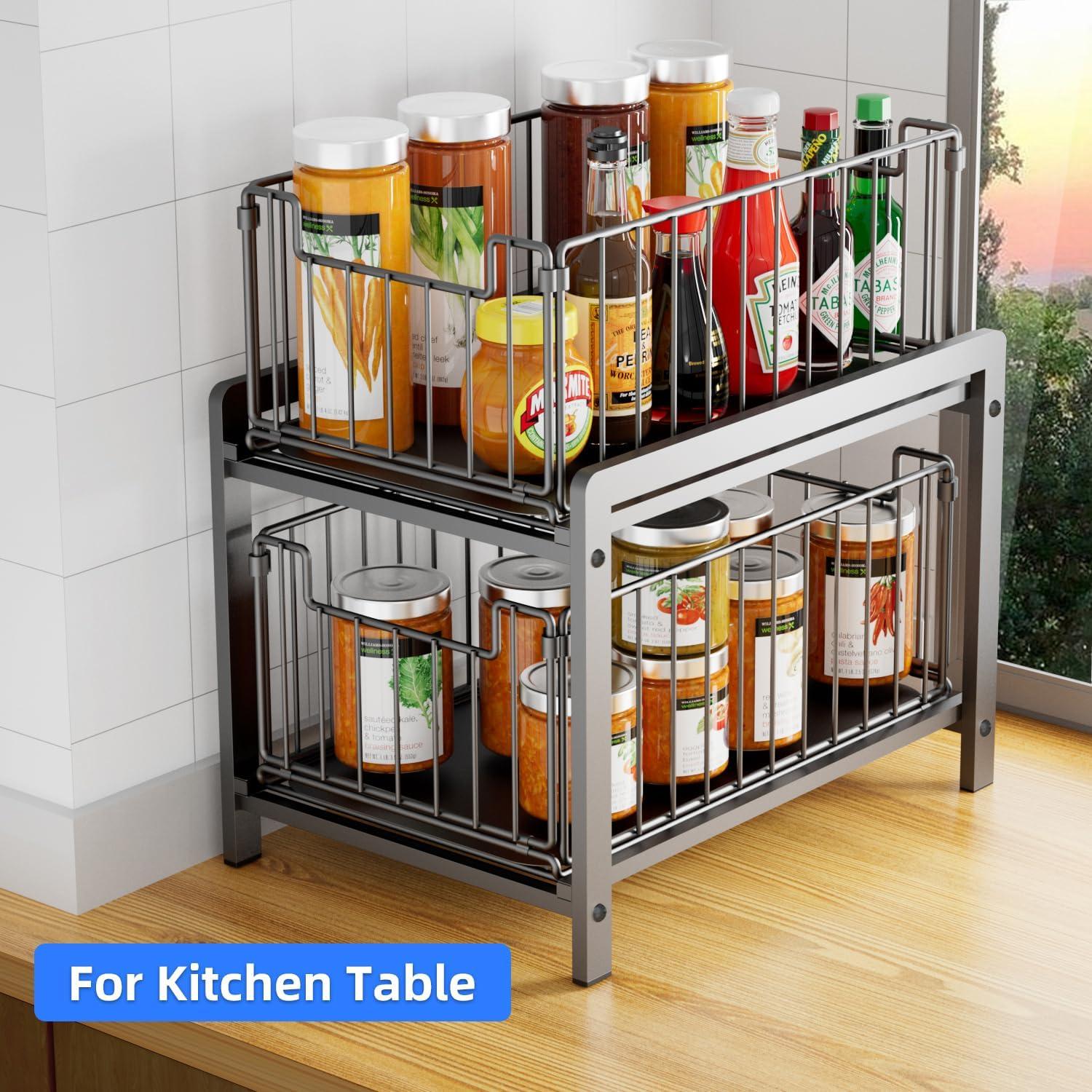 2 Tier Stackable Sliding Basket Under Sink Storage Pull Out Organizer Drawer for Kitchen Bathroom